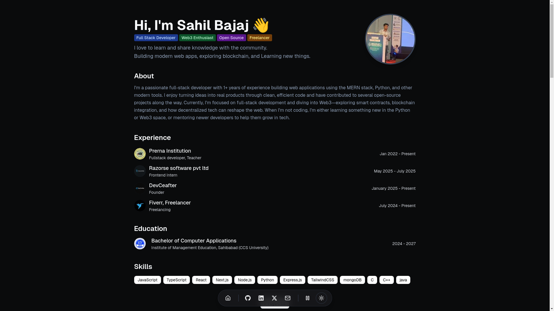 website screenshot of https://sahilbajaj.me/