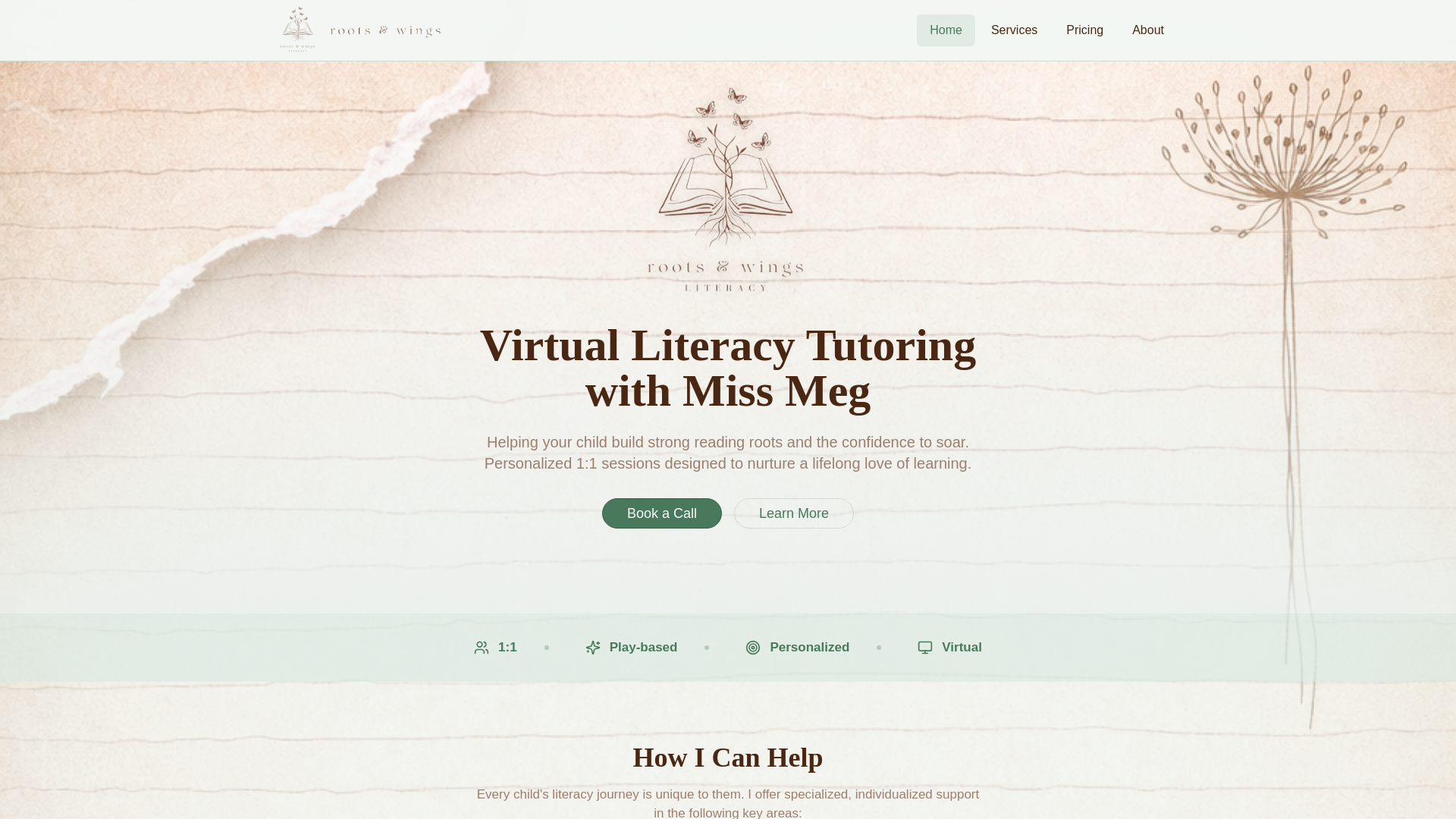 website screenshot of https://rootsandwingsliteracy.com
