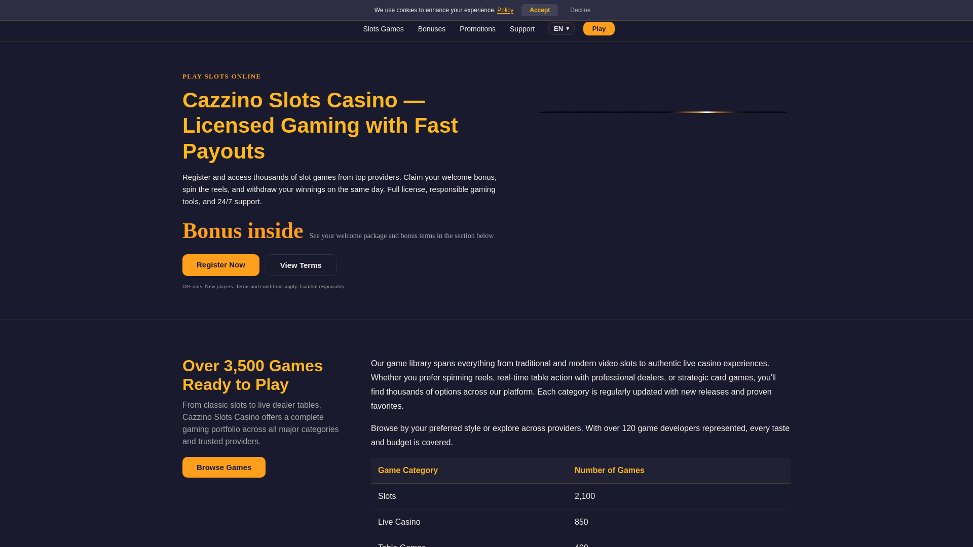 website screenshot of https://cazzinoslots.net/