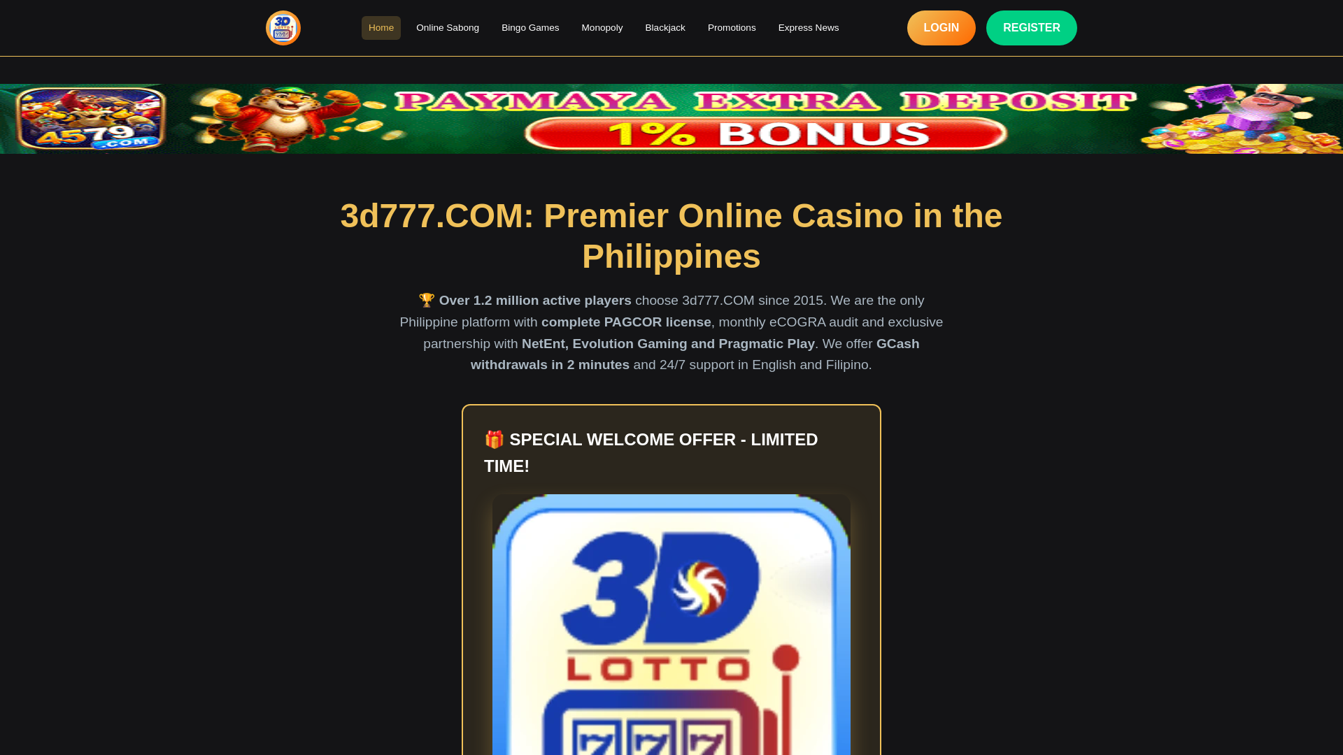 website screenshot of https://3d777phl.com