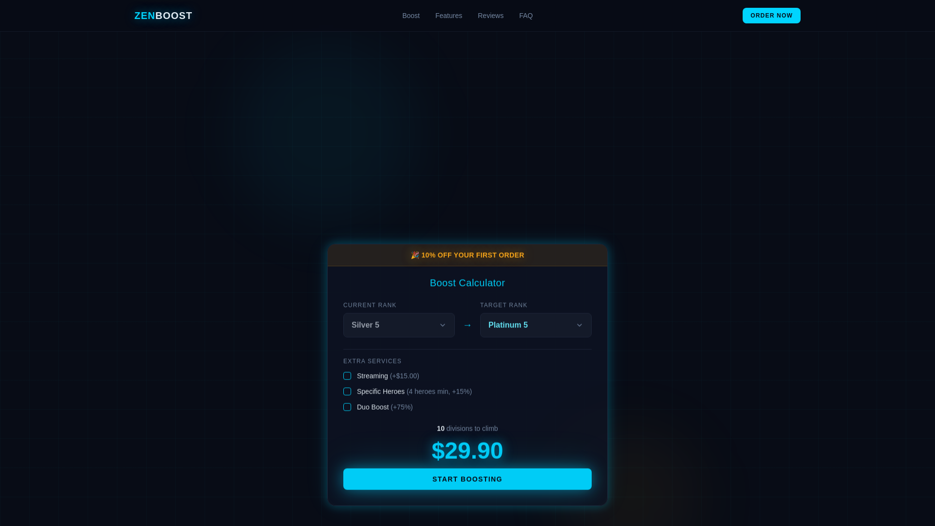 website screenshot of https://zenboost.gg