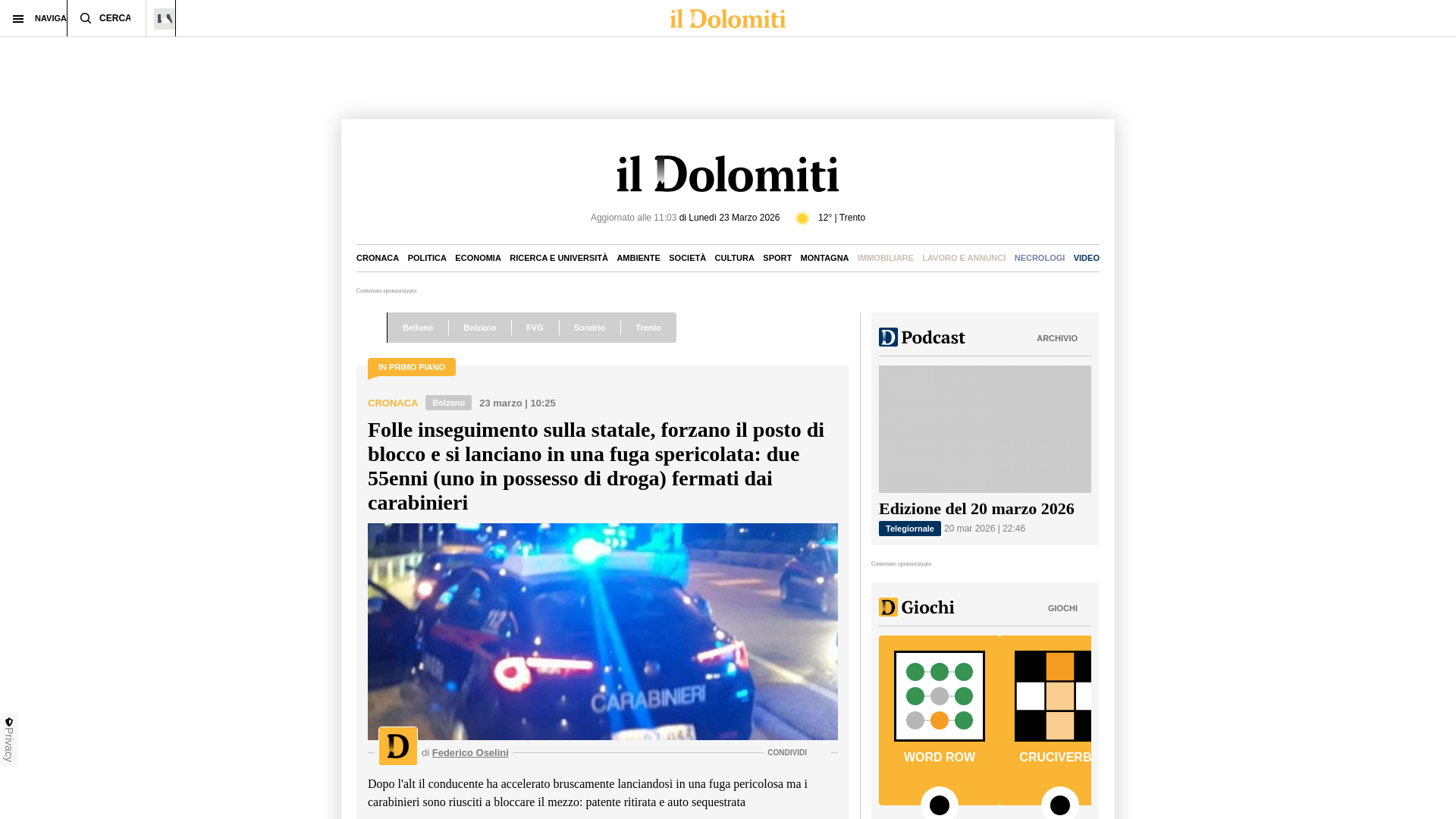 website screenshot of https://www.ildolomiti.it