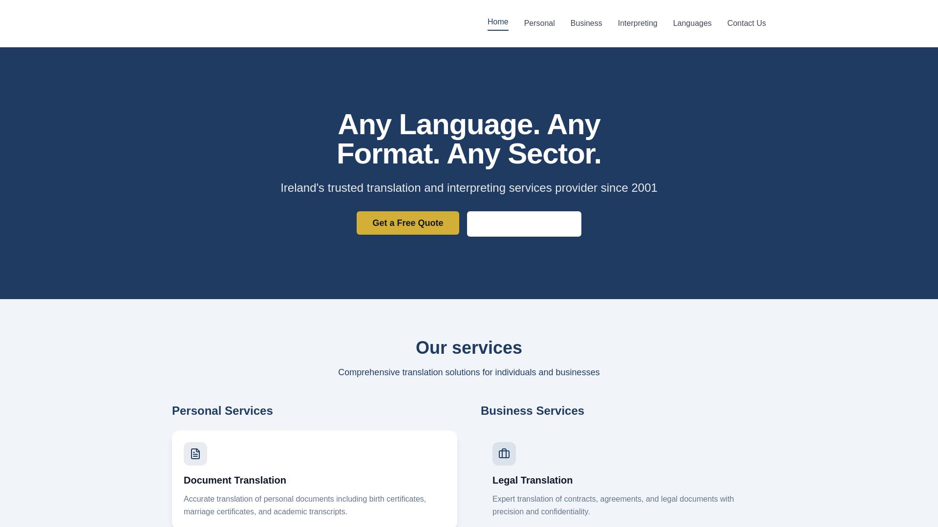 website screenshot of https://wordperfecttranslations.ie/