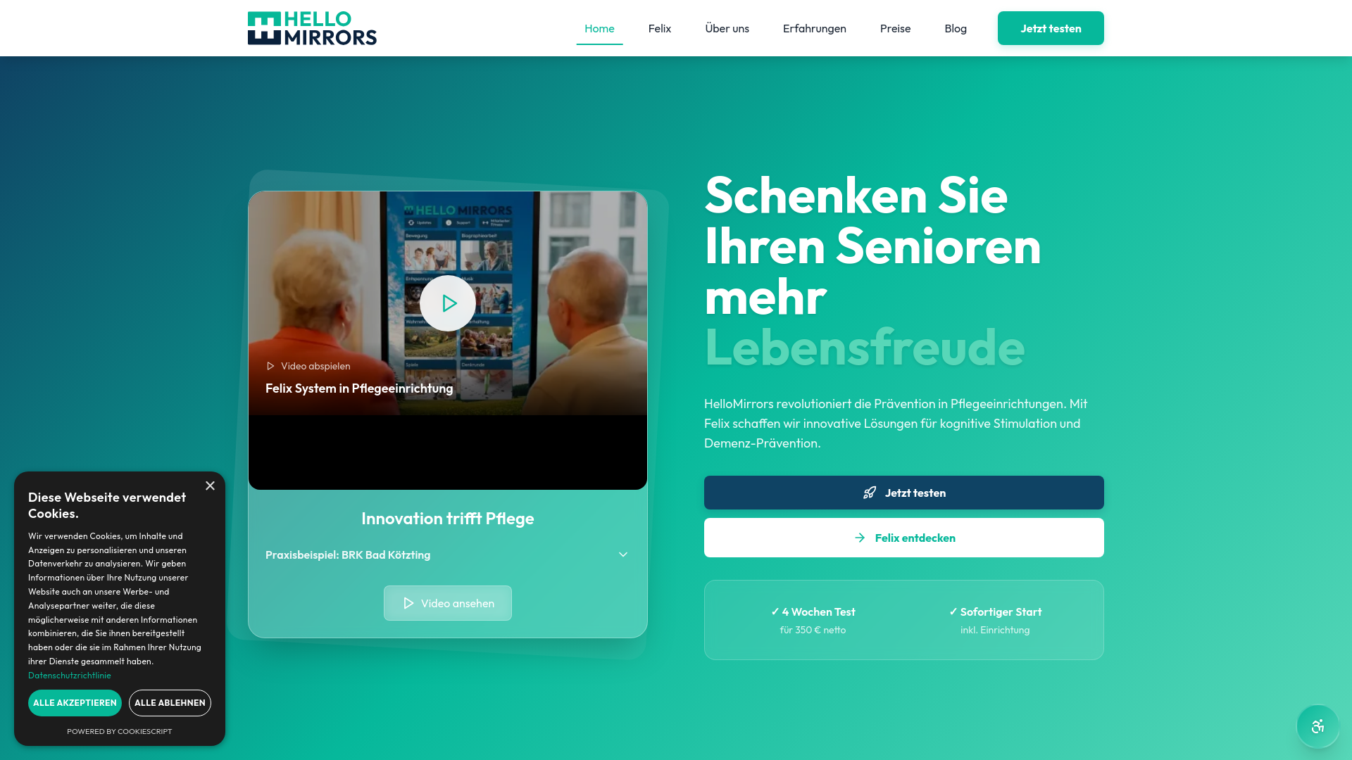 website screenshot of https://www.hellomirrors.com/