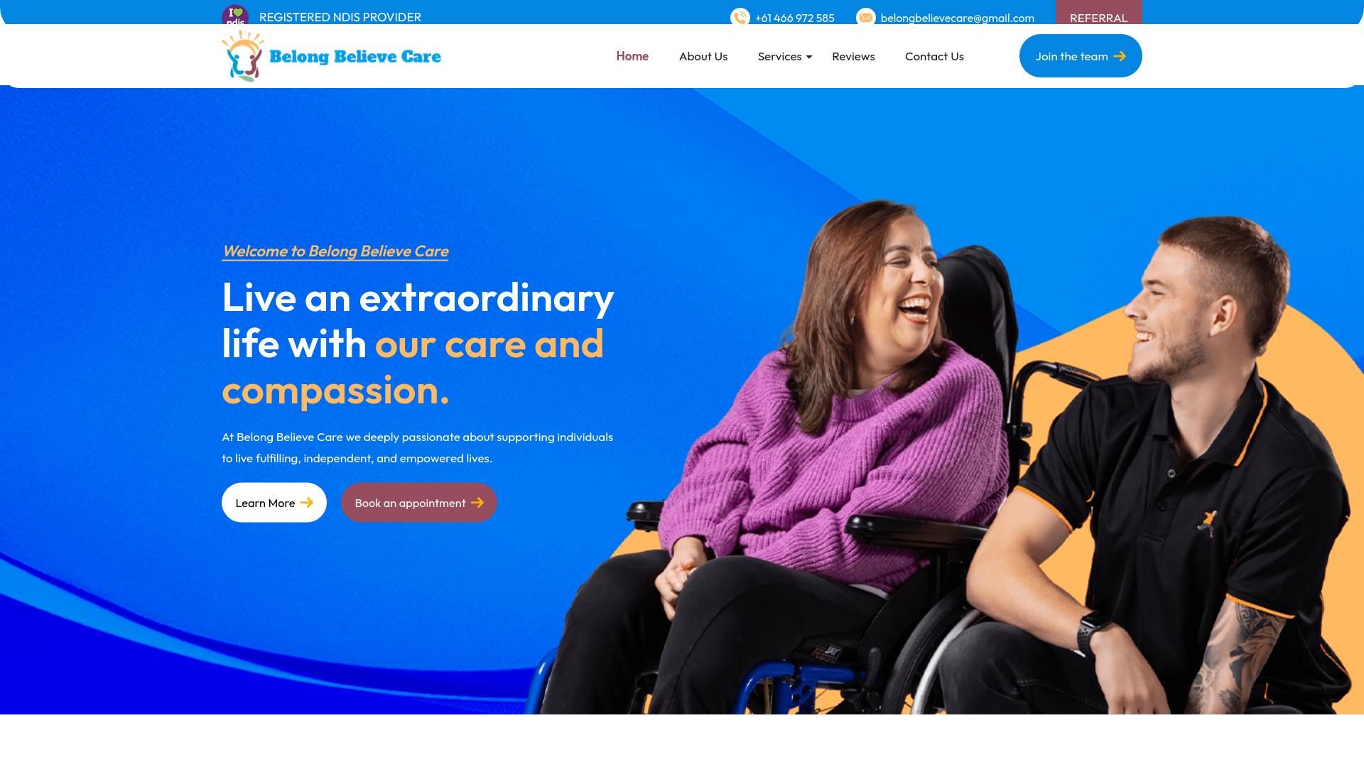 website screenshot of https://belongbelievecare.com.au/