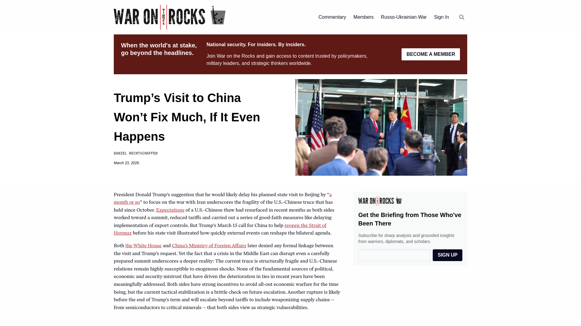 website screenshot of https://warontherocks.com/2026/03/trumps-visit-to-china-wont-fix-much-if-it-even-happens/