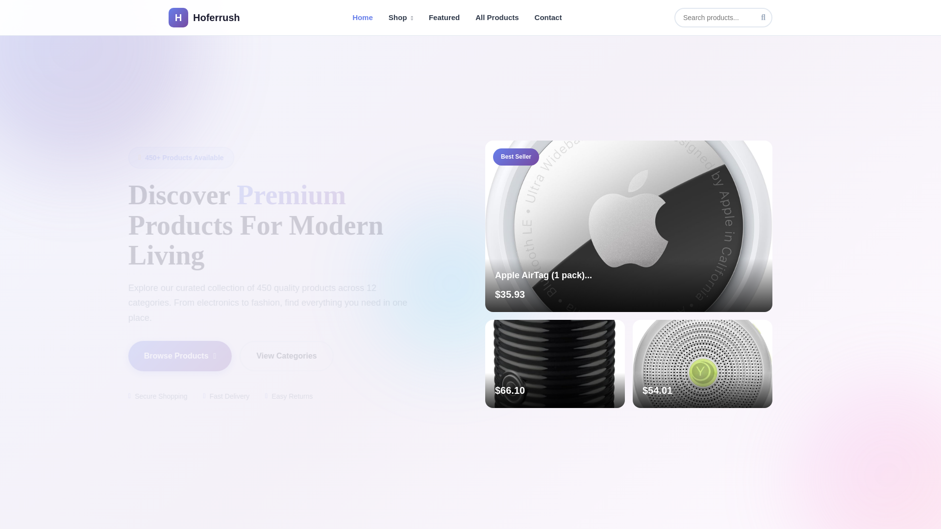 website screenshot of https://hoferrush.store/