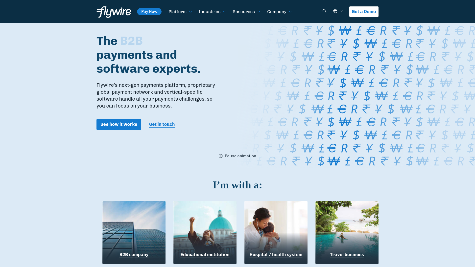 website screenshot of https://flywire.com/
