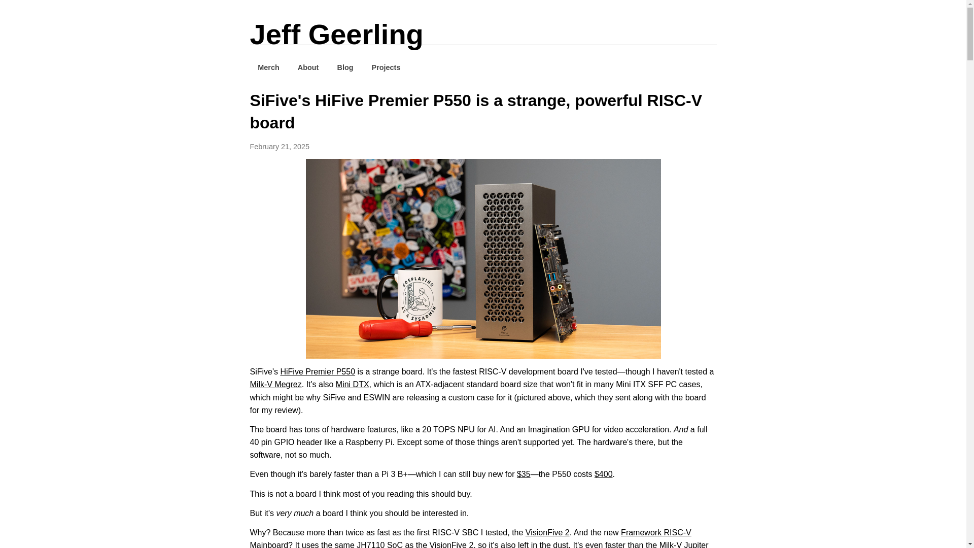 website screenshot of https://www.jeffgeerling.com/blog/2025/sifives-hifive-premier-p550-strange-powerful-risc-v-board