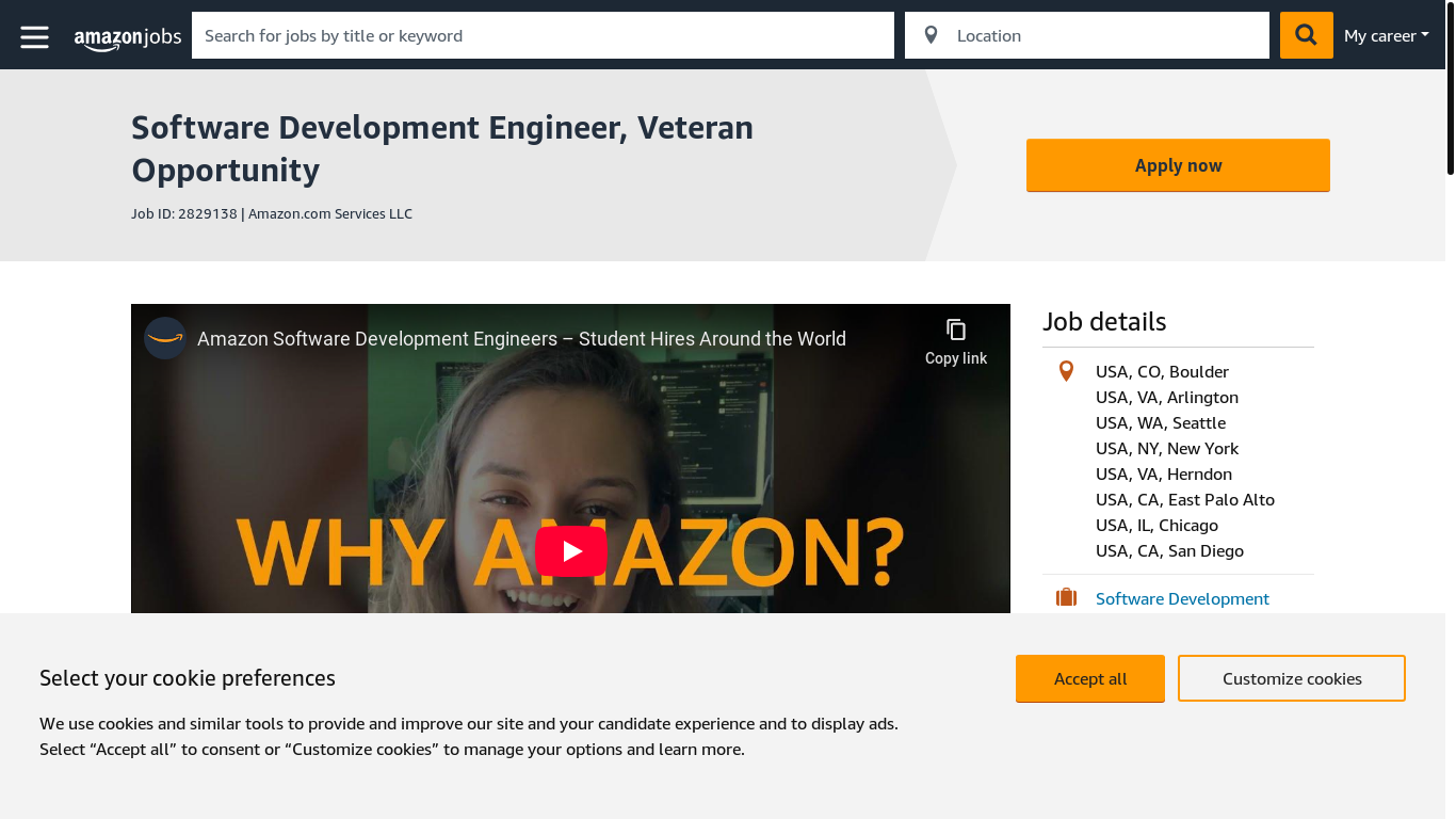 website screenshot of https://www.amazon.jobs/en/jobs/2829138/software-development-engineer-veteran-opportunity