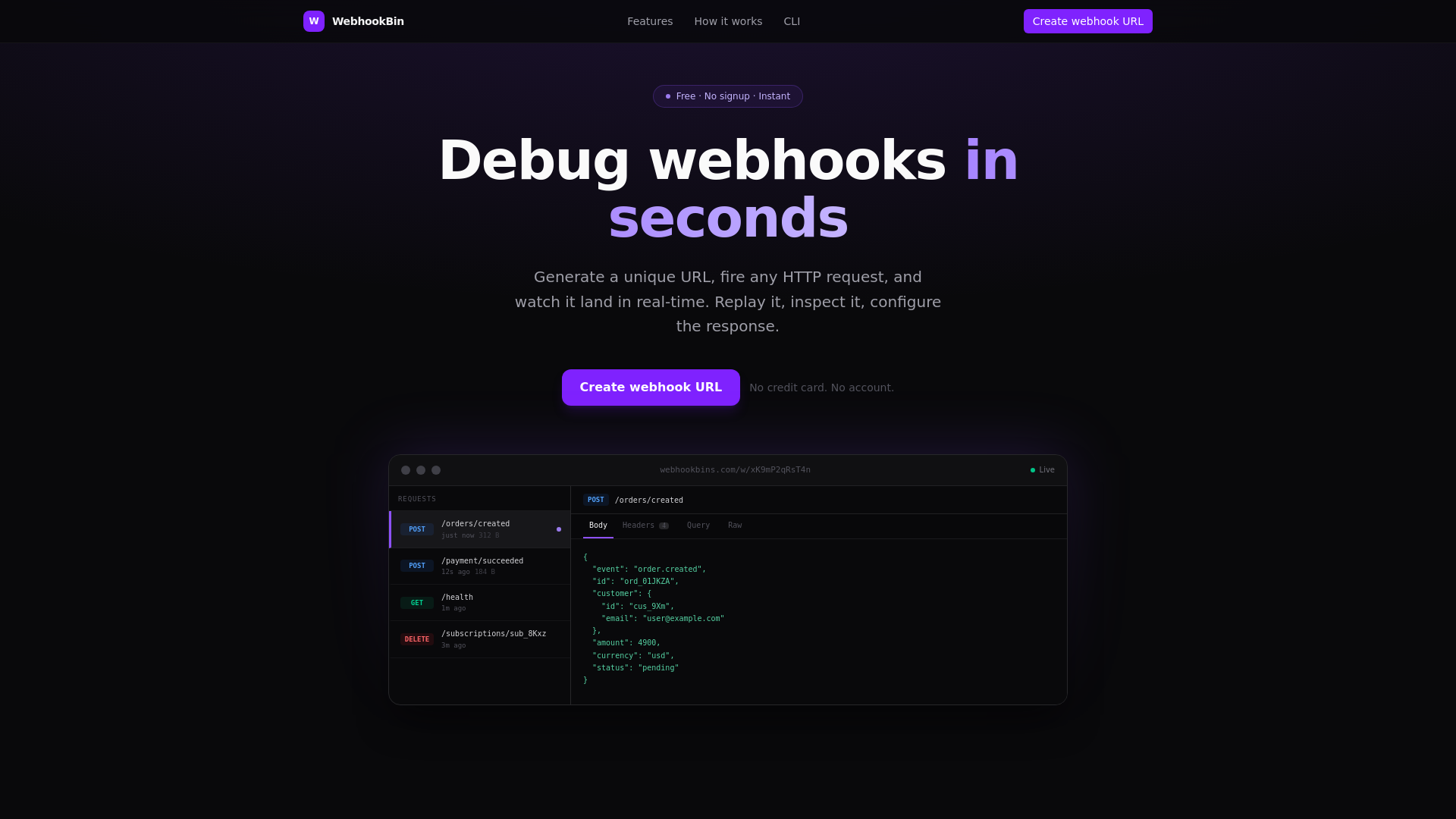 website screenshot of https://webhookbins.com/