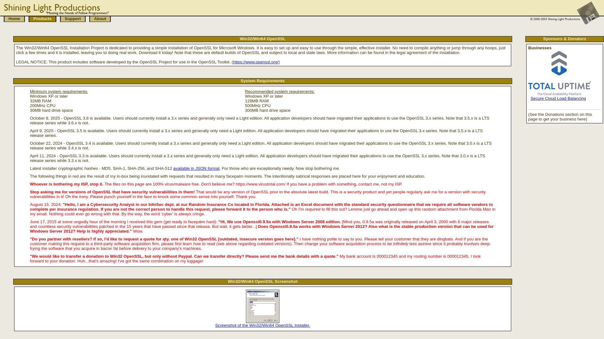 website screenshot of https://slproweb.com/products/Win32OpenSSL.html