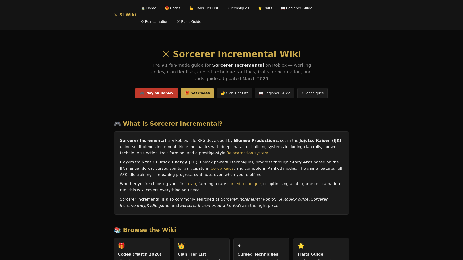 website screenshot of https://sorcererincrementalwiki.online/