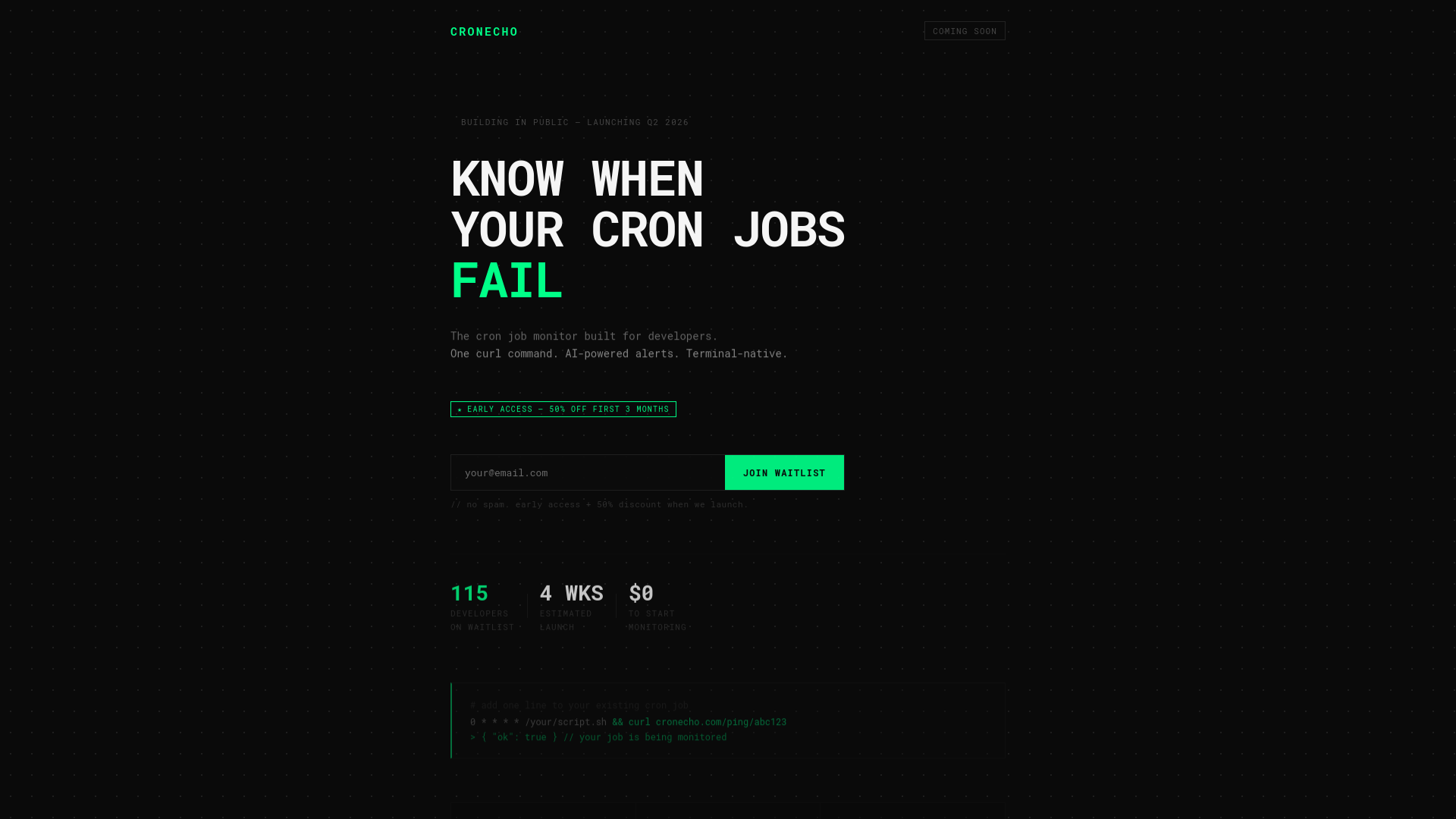 website screenshot of https://cronecho.com/