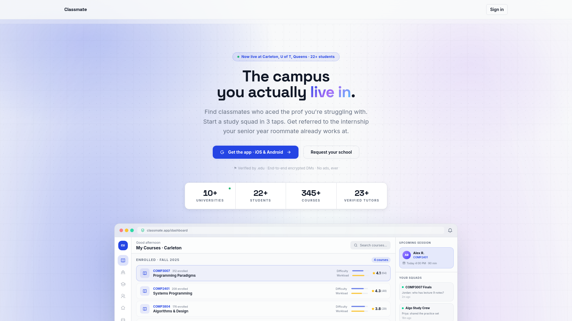 website screenshot of https://classmateapp.ca/