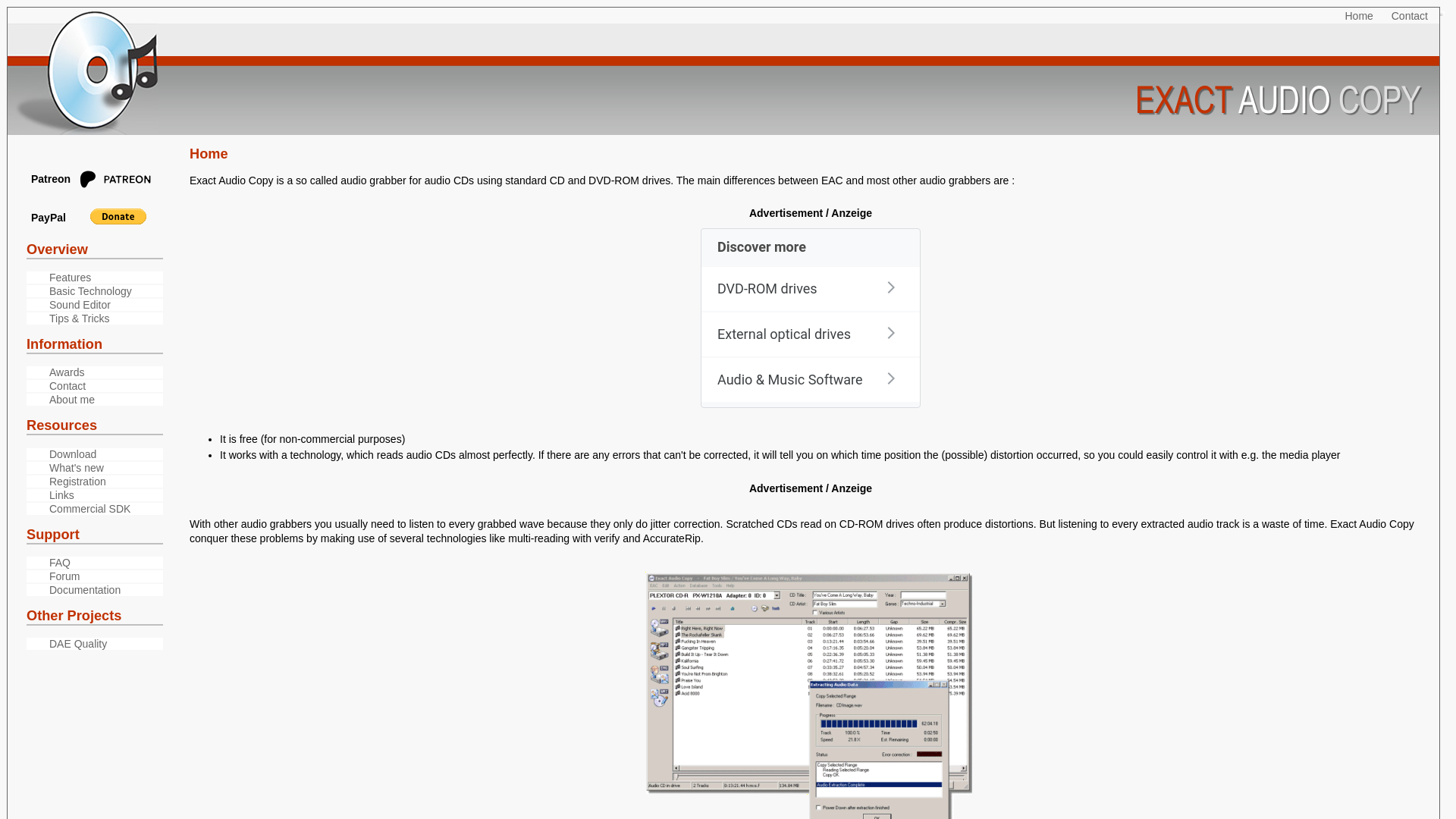website screenshot of https://exactaudiocopy.de/