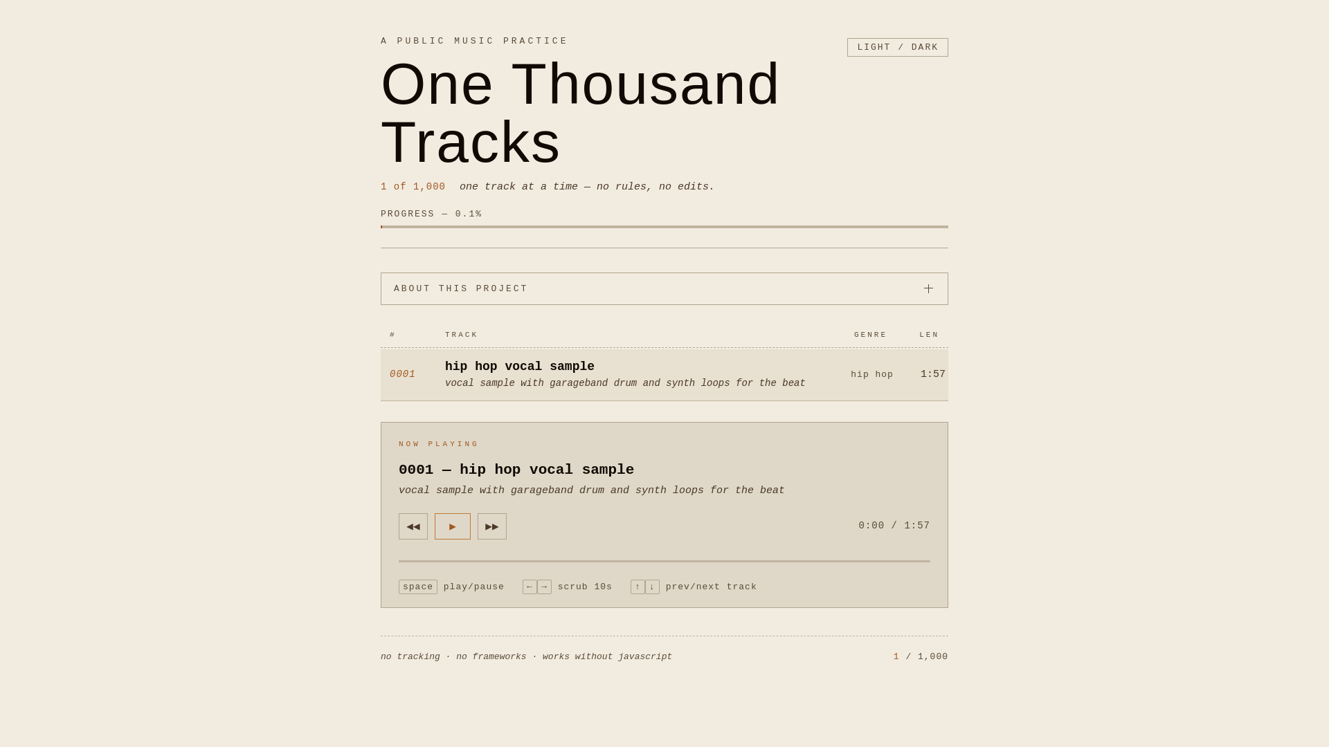 website screenshot of https://onethousandtracks.pages.dev/