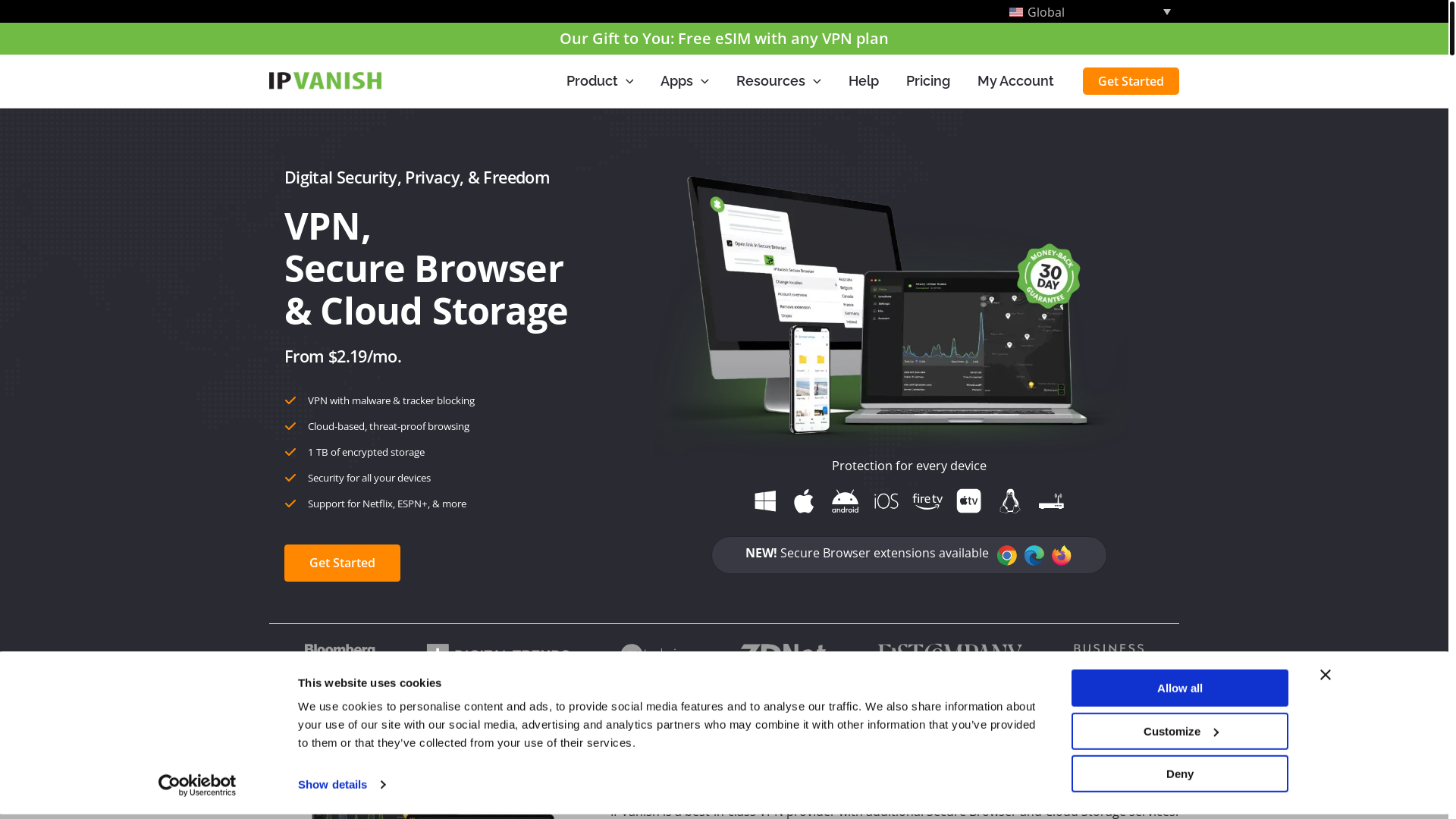 website screenshot of https://ipvanish.com