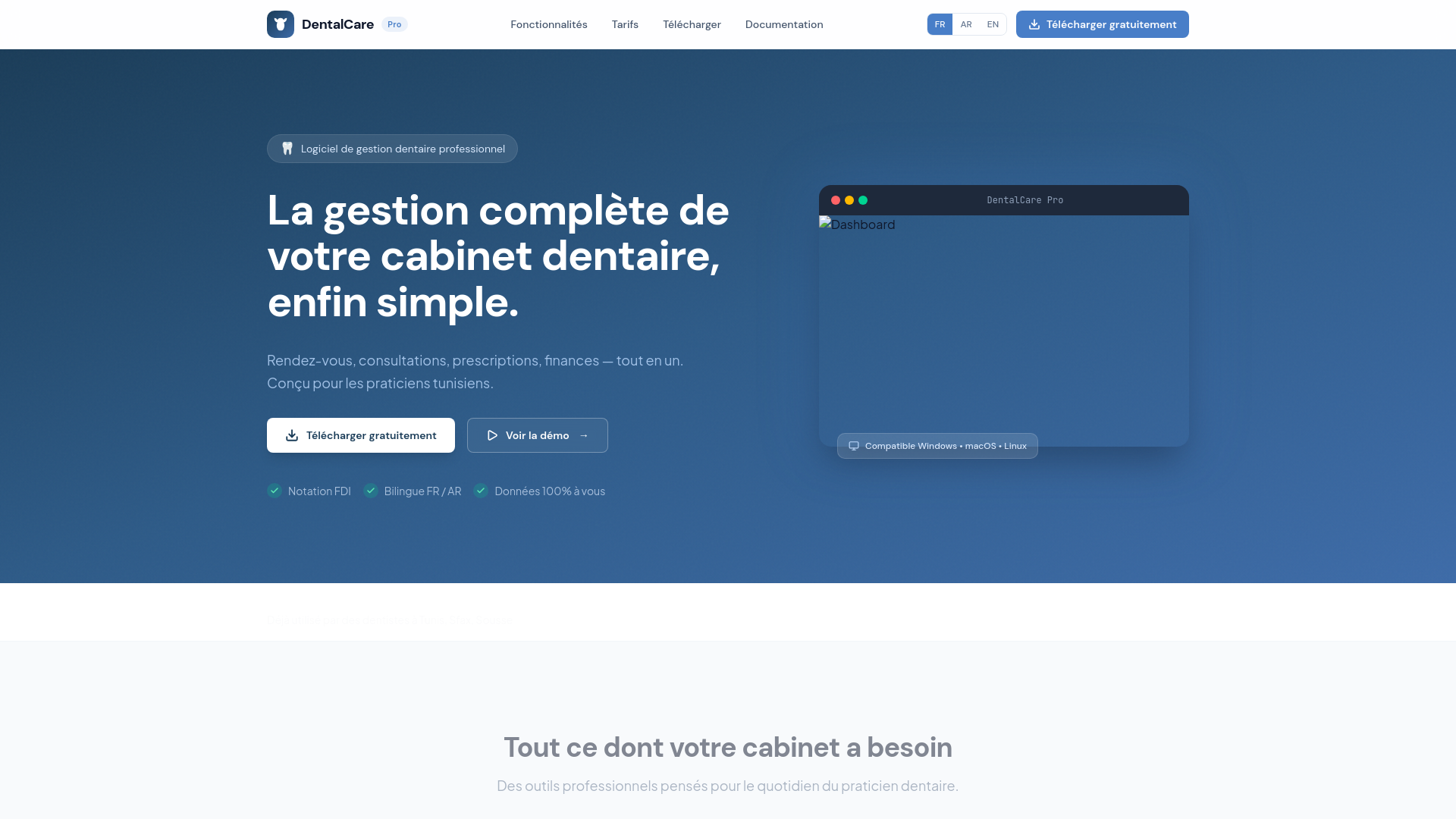 website screenshot of https://dentalcare.tn