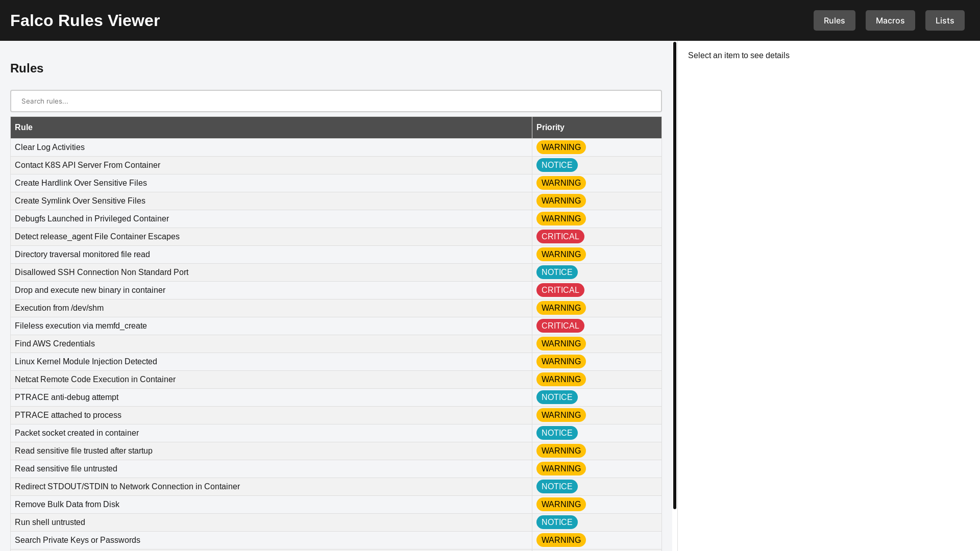 website screenshot of https://falco-rules-viewer.pages.dev/
