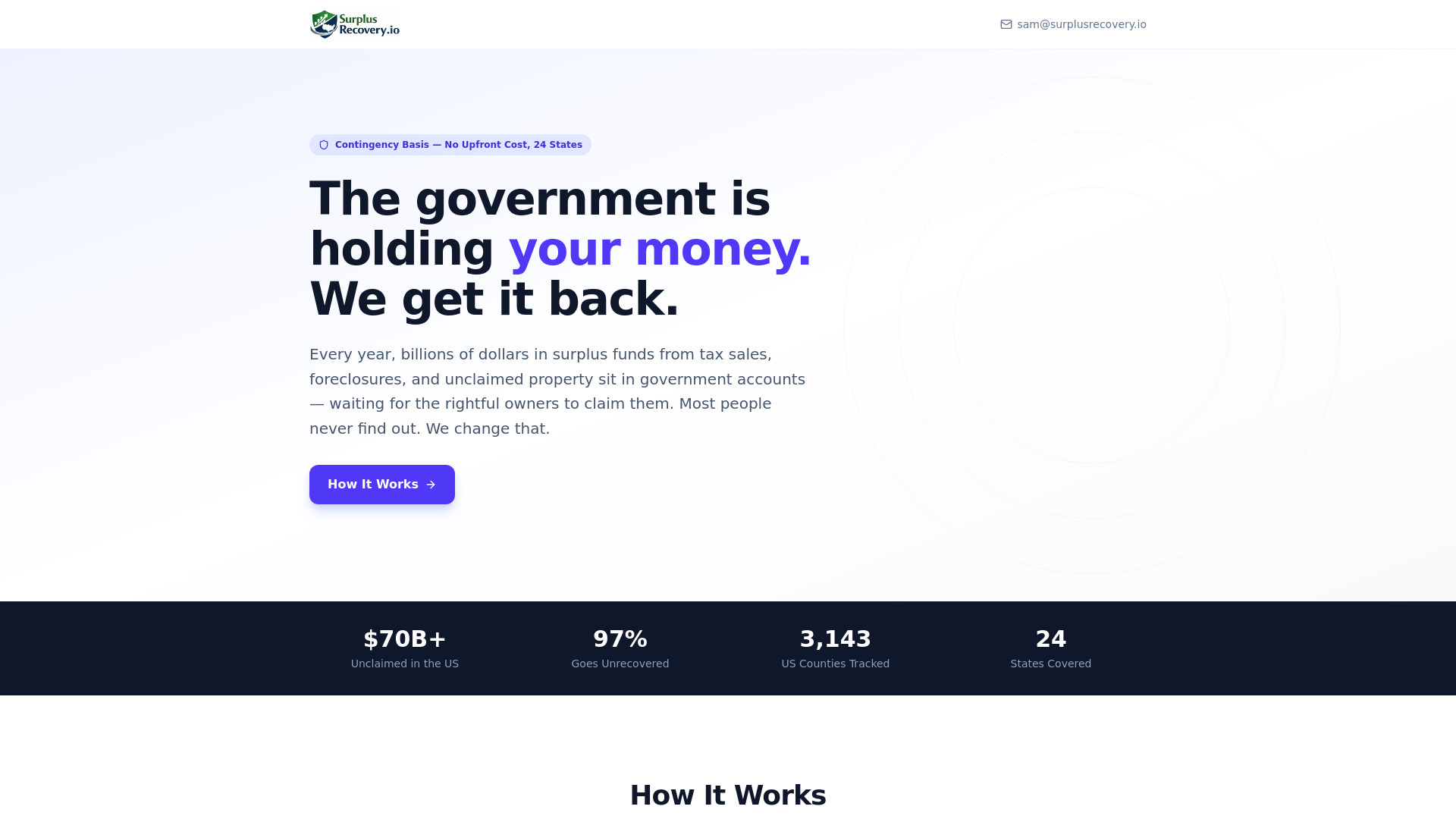 website screenshot of https://surplusrecovery.io/