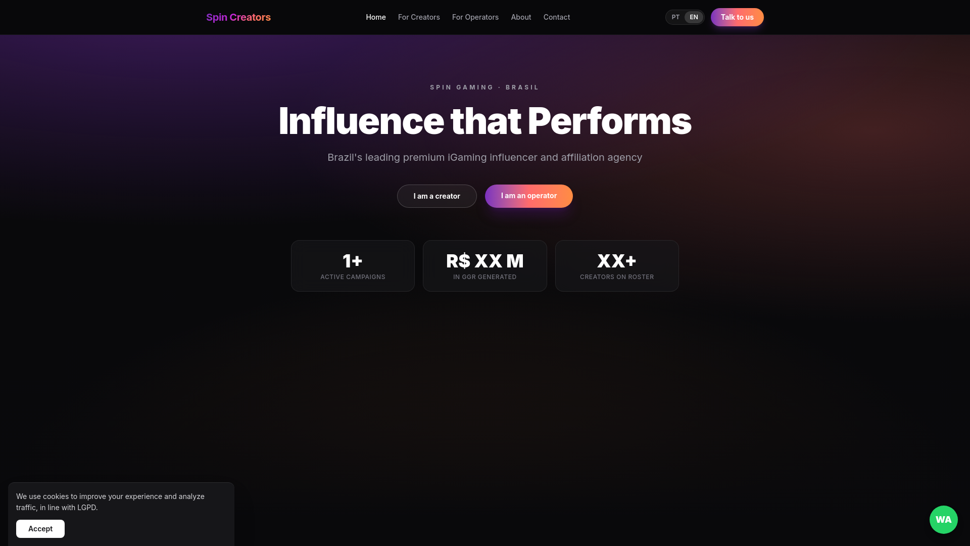 website screenshot of https://spincreators.com.br
