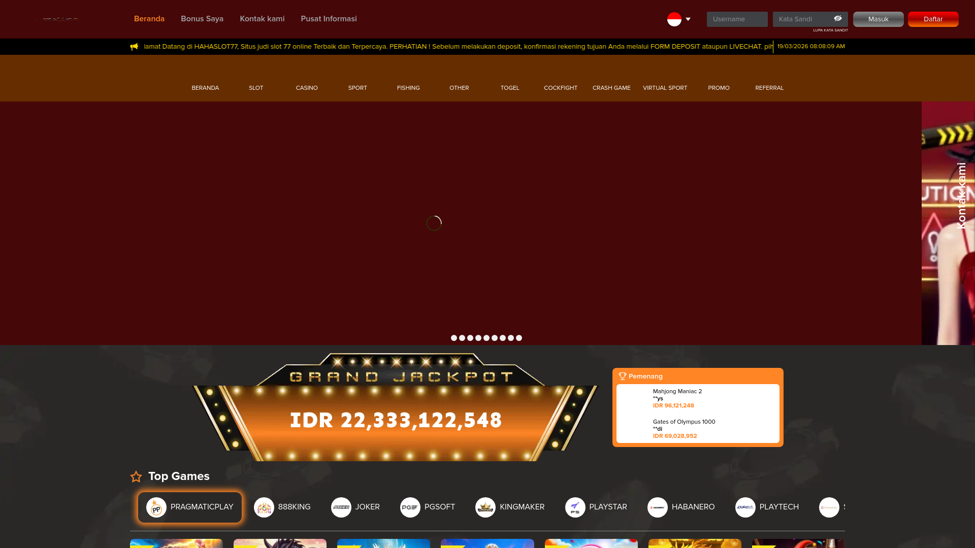 website screenshot of https://hahaslot77a.site/