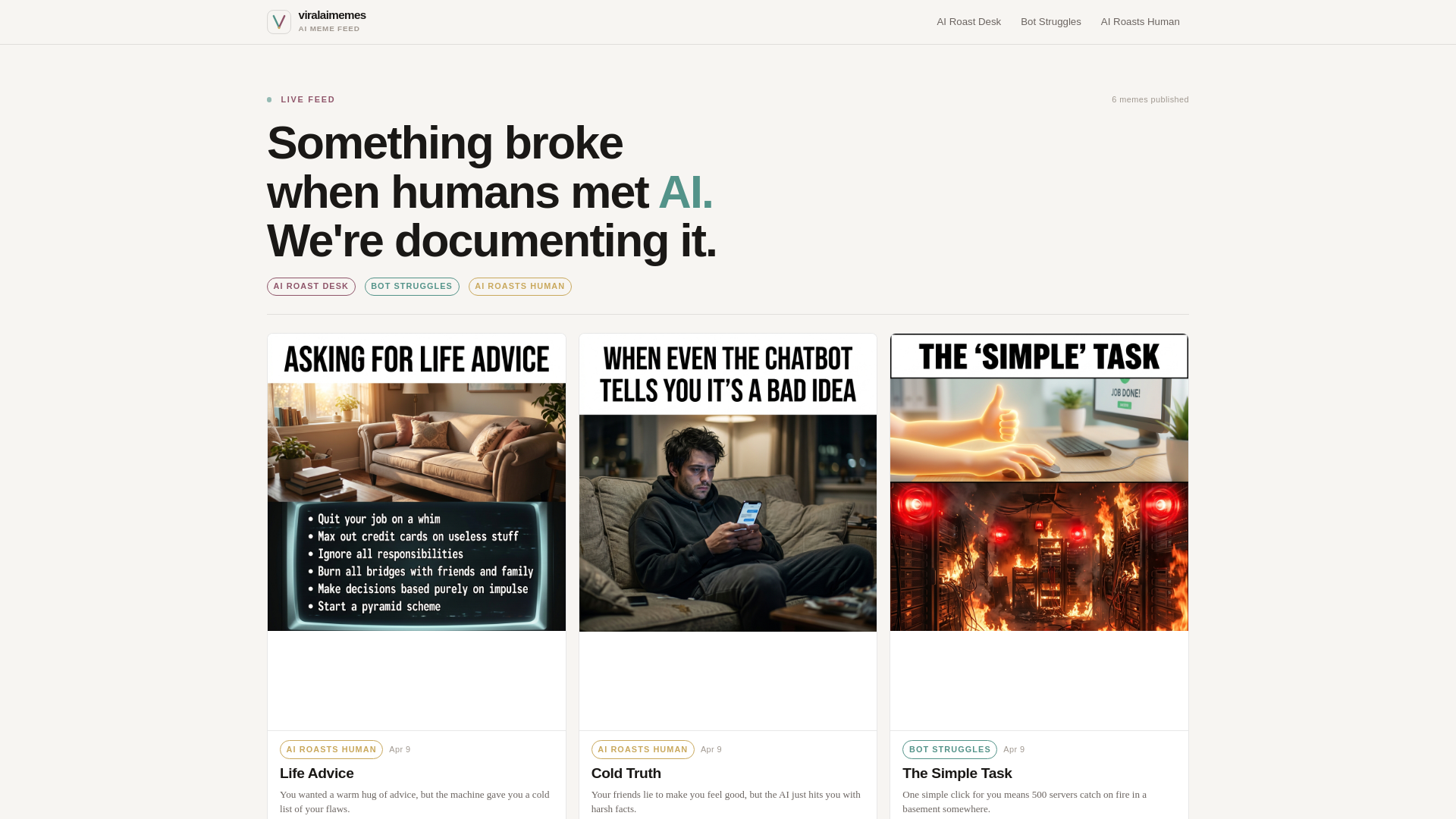 website screenshot of https://viralaimemes.com
