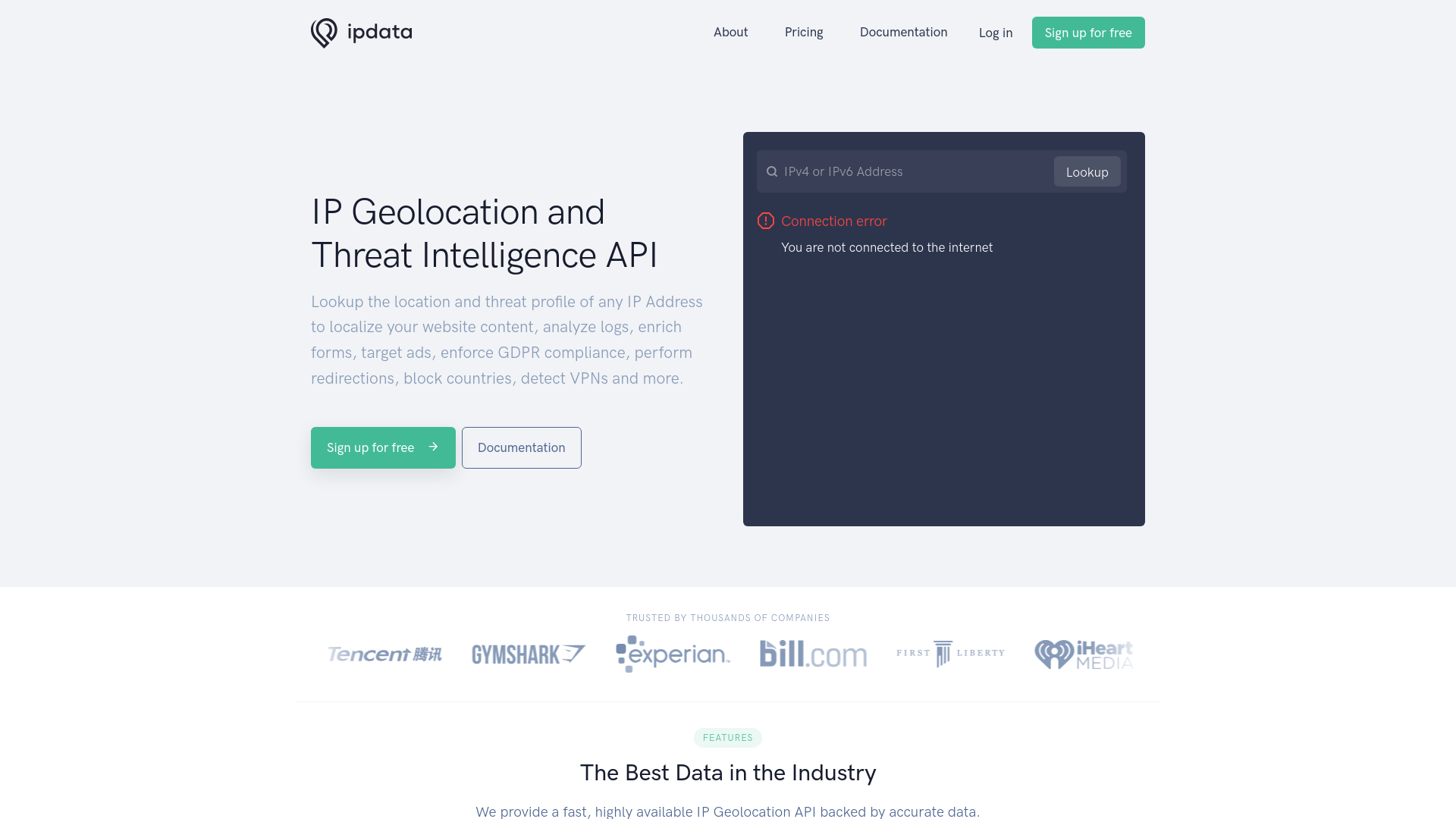 website screenshot of https://ipdata.co
