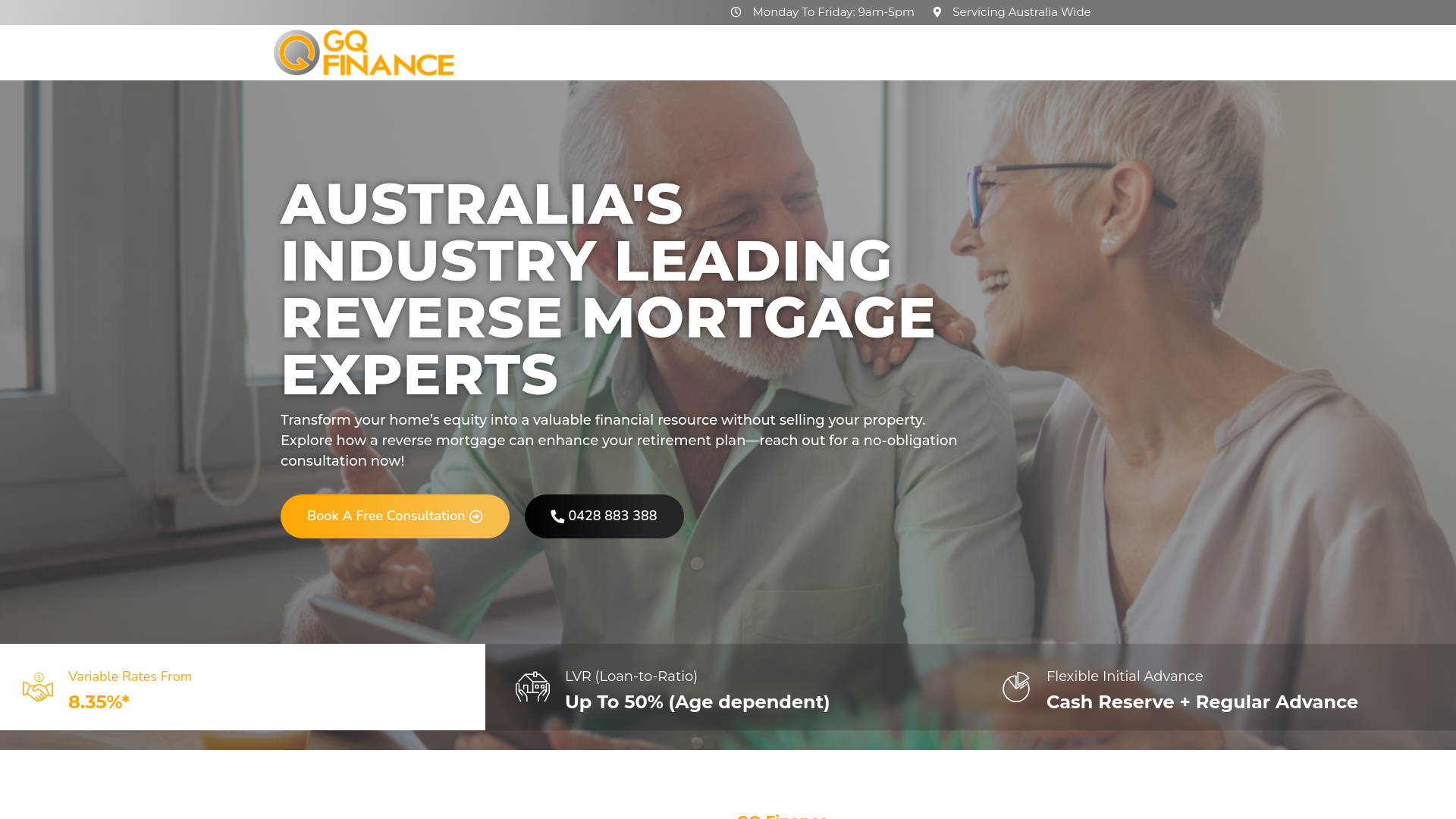 website screenshot of https://gqfinance.gpage.com.au/reverse-mortgage-1/