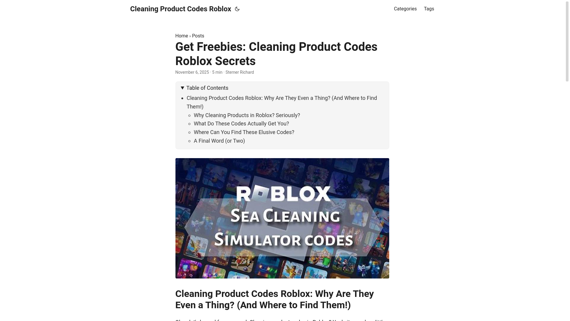 website screenshot of https://cleaning-product-codes-roblox.pages.dev/
