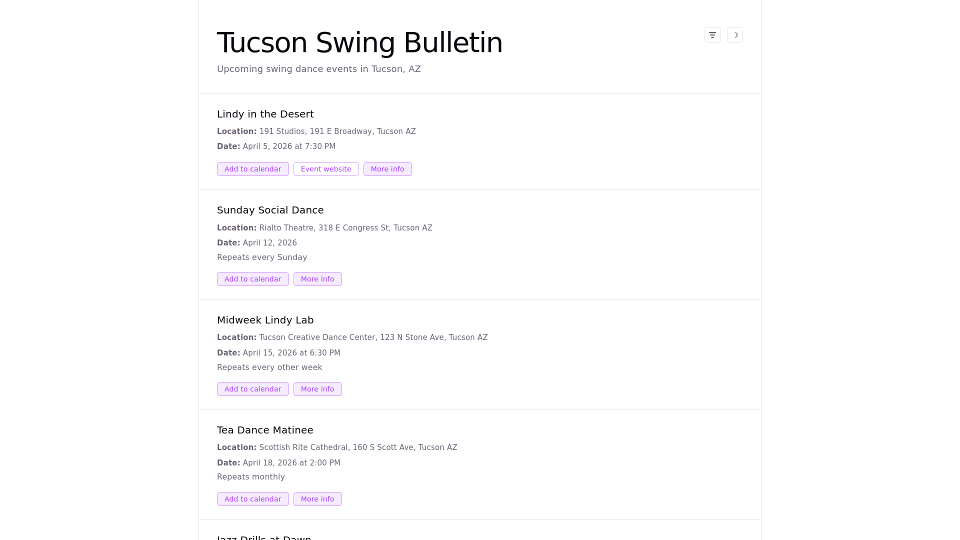 website screenshot of https://tucsonswingbulletin.dance/