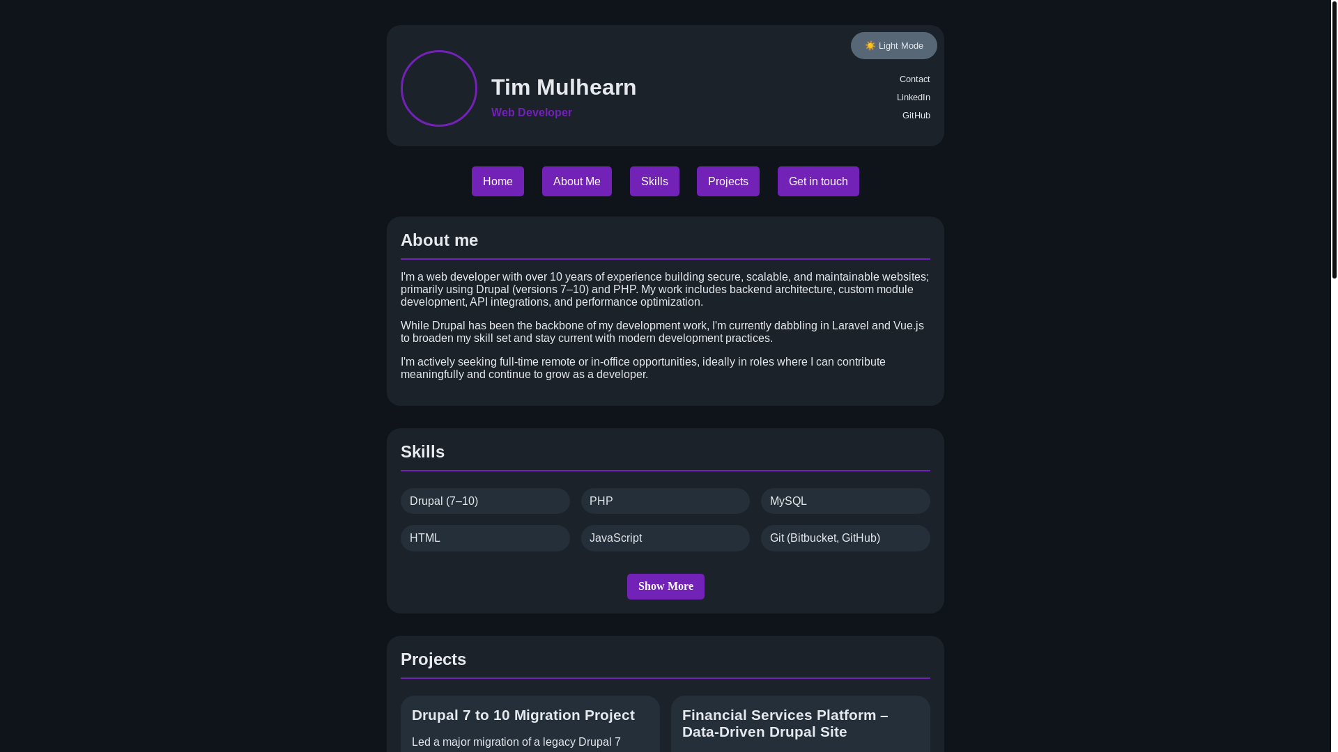 website screenshot of https://tdmulhearn.me/
