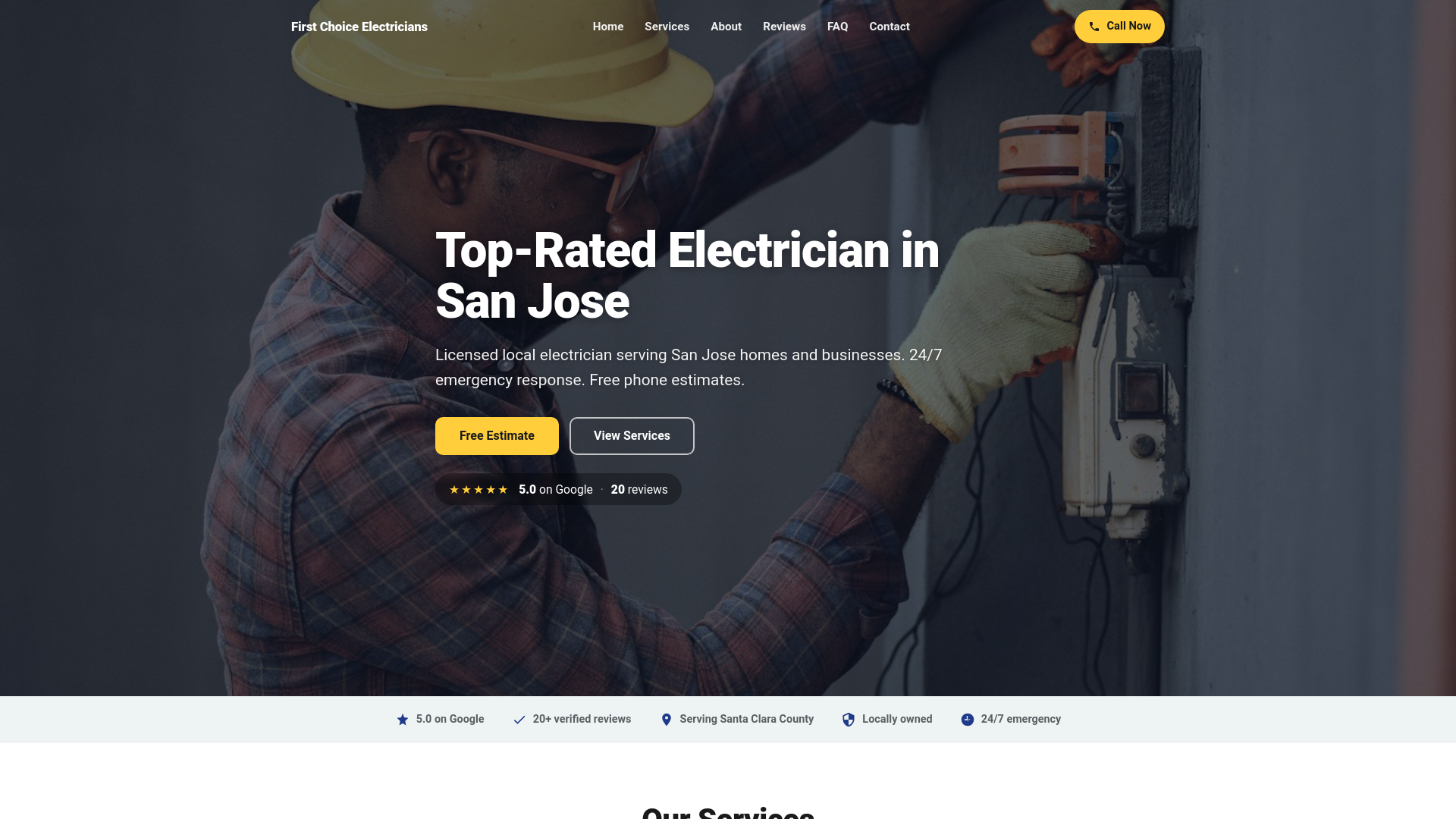 website screenshot of https://mms-demo-first-choice-electricians-san-jose.pages.dev/