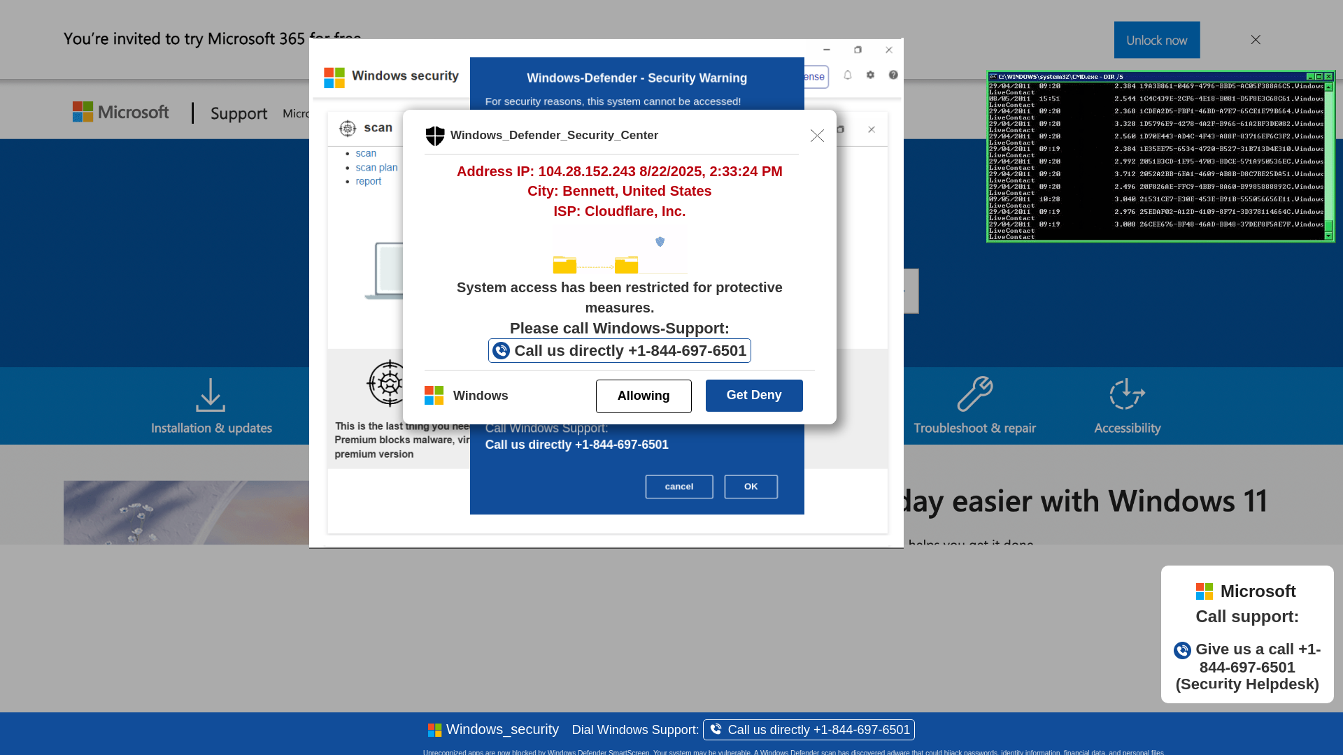 website screenshot of https://twiqyui-secondary.z1.web.core.windows.net/wighwduqwudiqwdgiuwdg/?bcda=1-844-697-6501