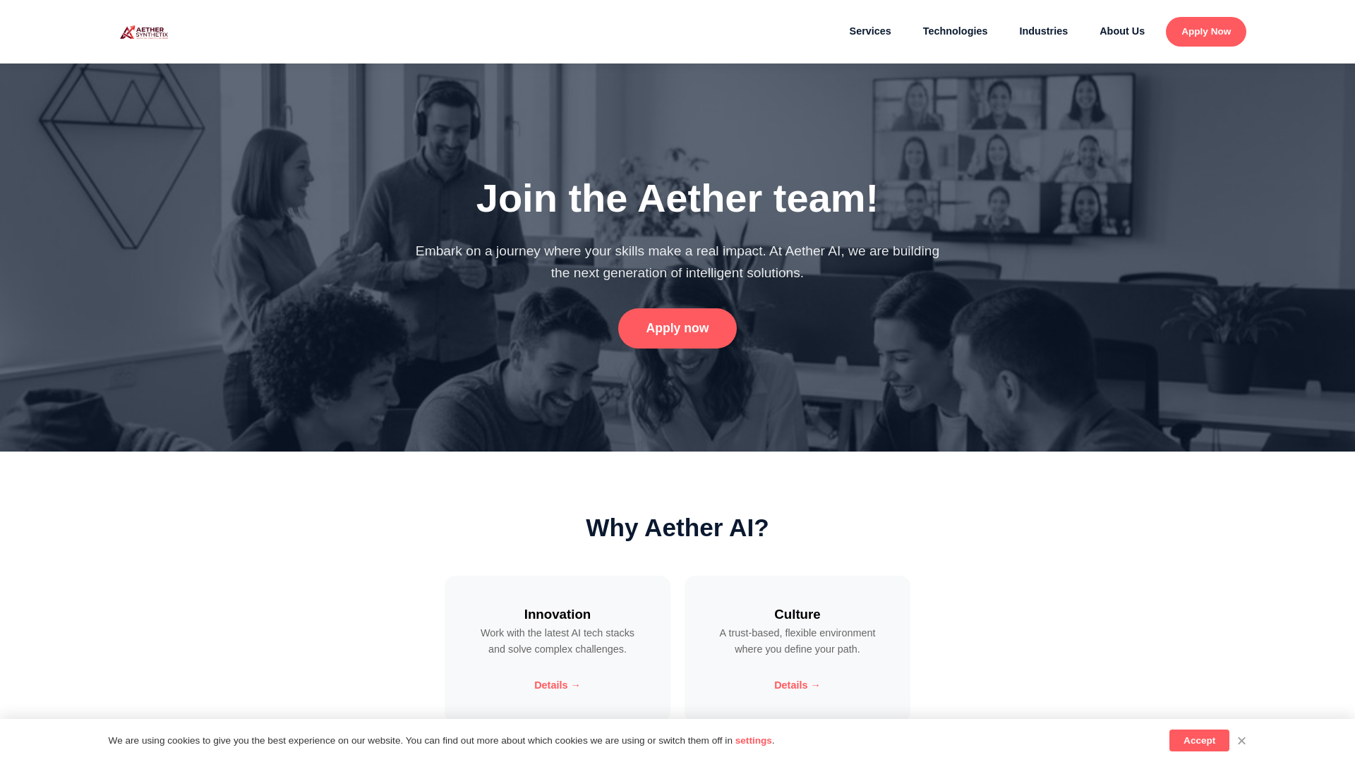 website screenshot of https://aether-careers.com