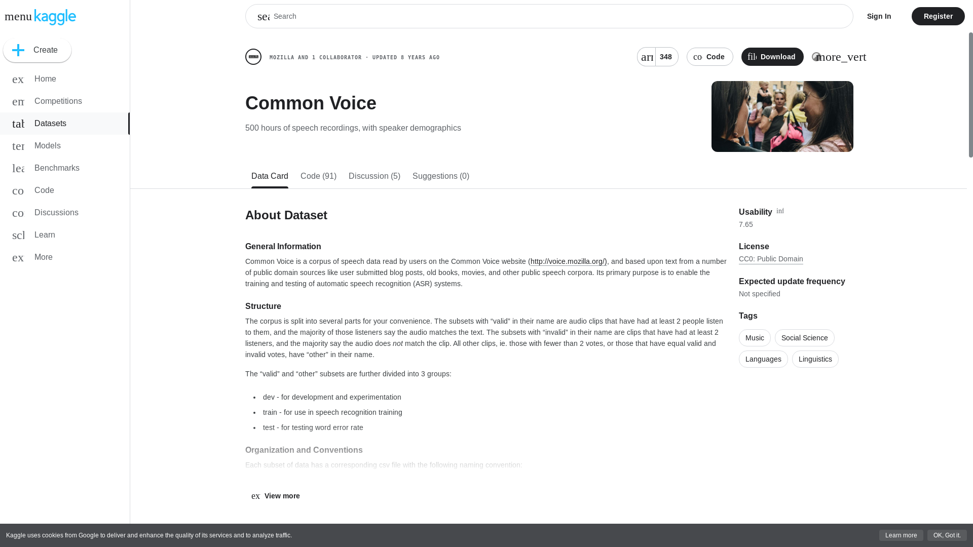 website screenshot of https://www.kaggle.com/datasets/mozillaorg/common-voice
