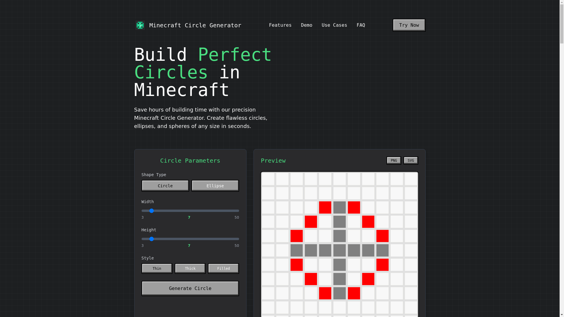 website screenshot of https://minecraftcirclegenerator.io/