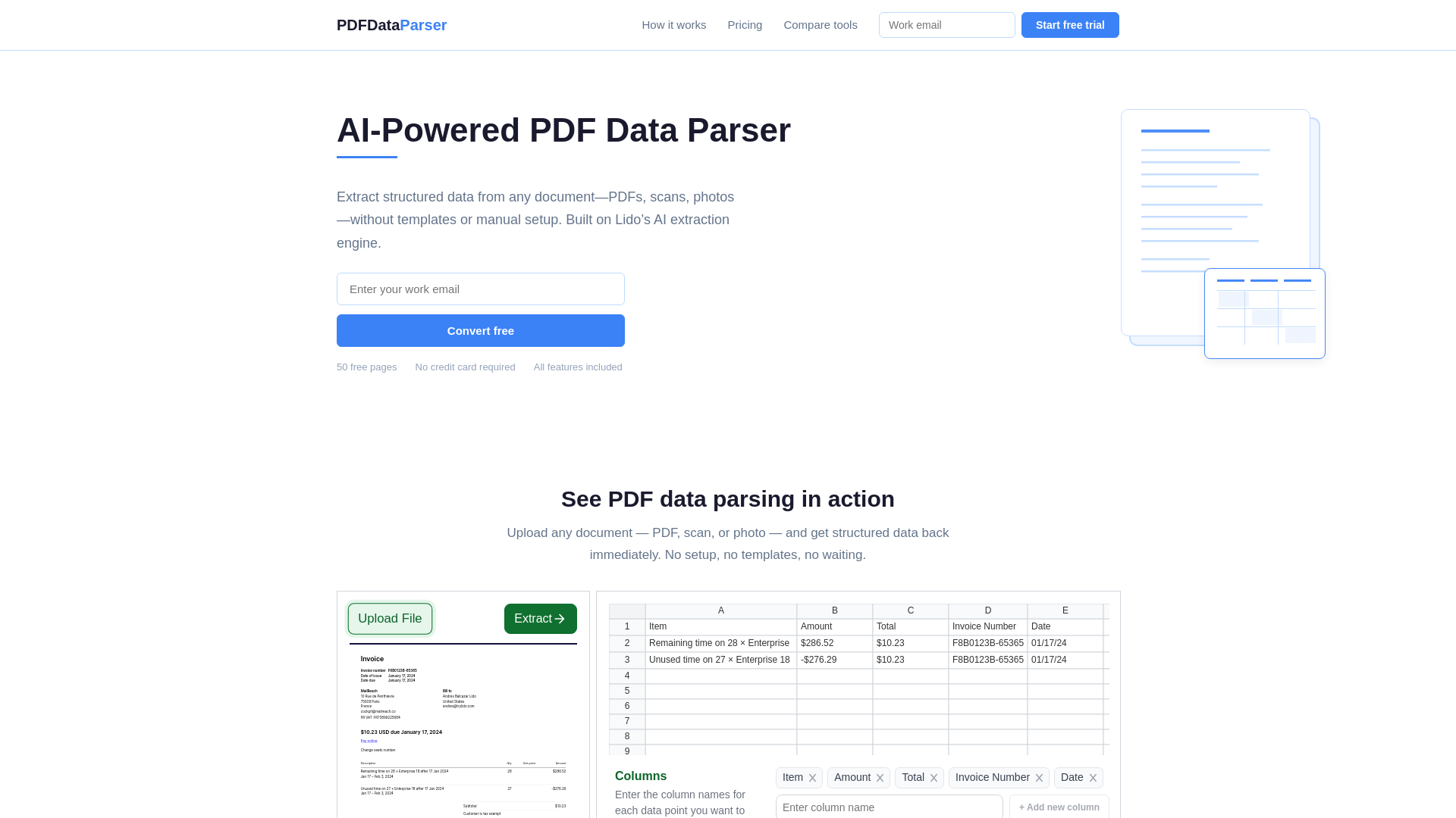 website screenshot of https://pdfdataparser.com/
