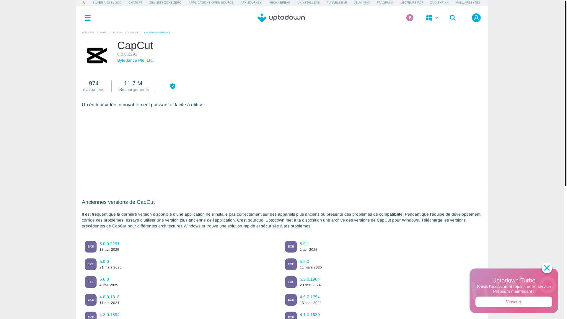 website screenshot of https://capcut.fr.uptodown.com/windows/versions