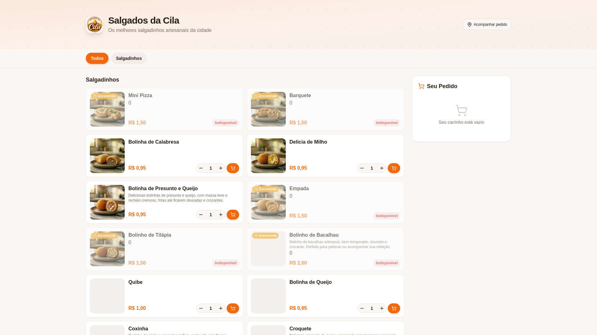 website screenshot of https://salgadosdacila.com.br/