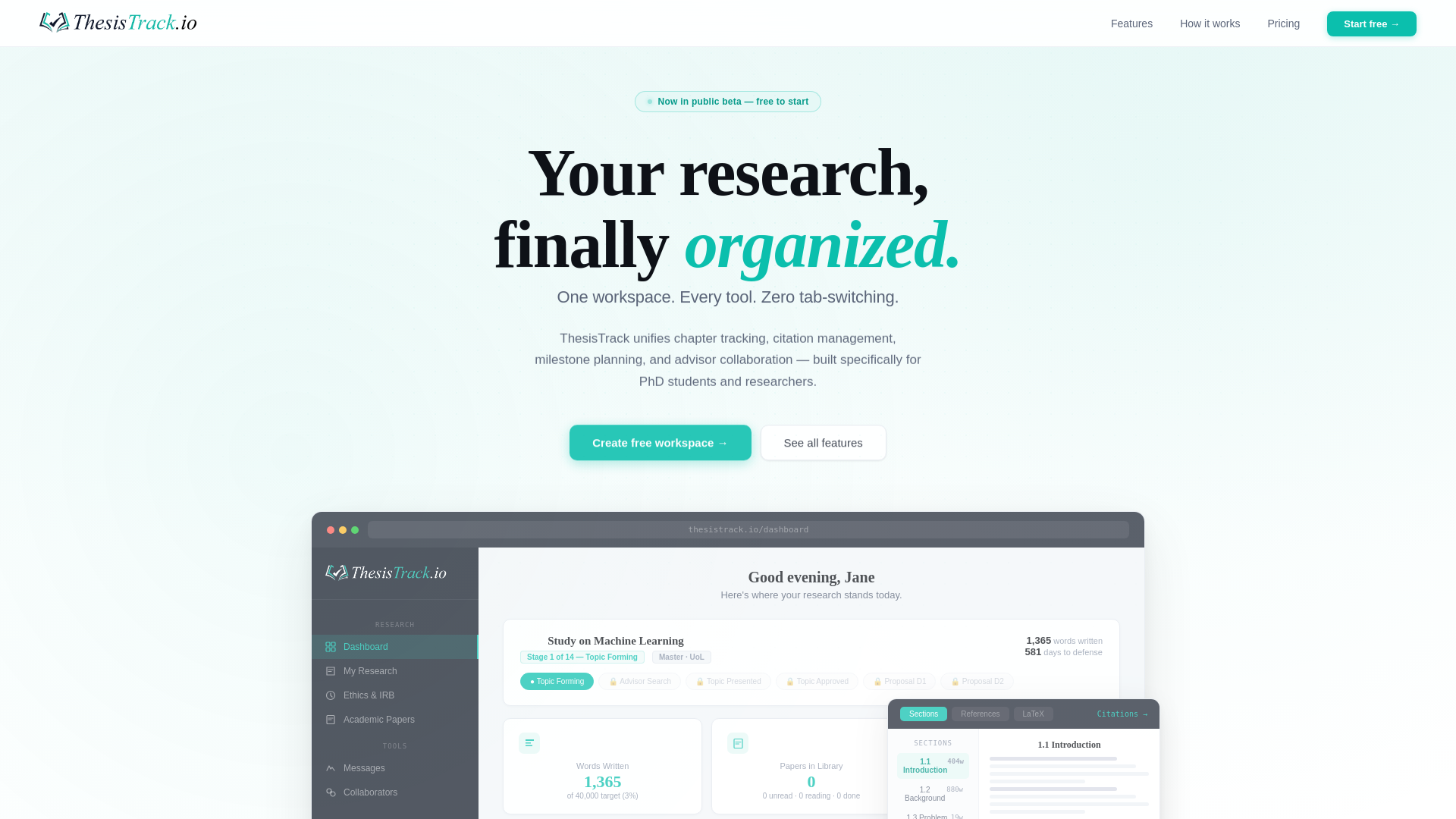 website screenshot of https://thesistrack.io/