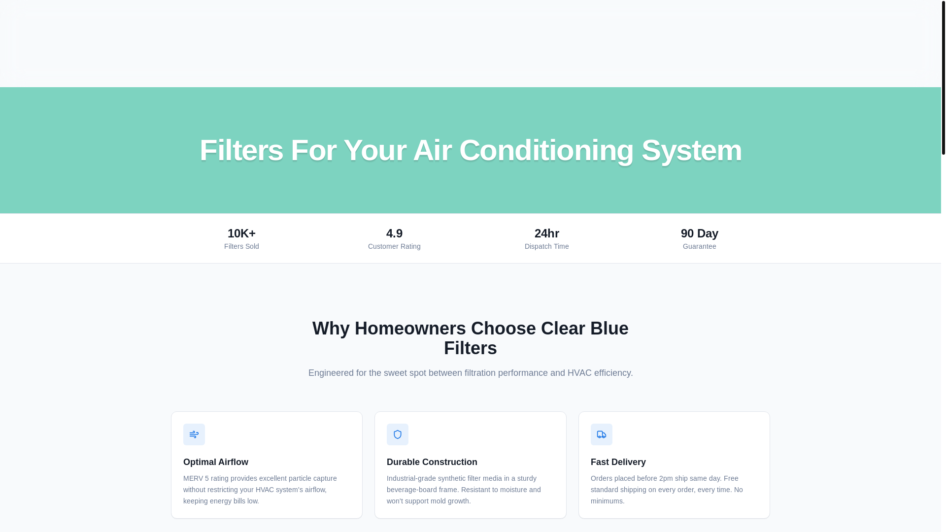 website screenshot of https://clearbluefilters.com/