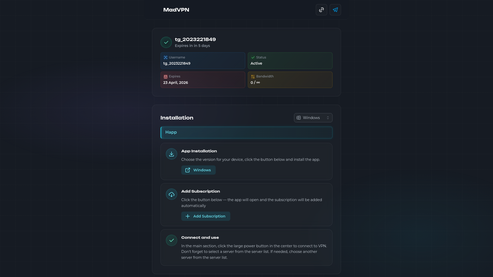 website screenshot of https://sub.madvpn.cc/F0DnBE5XXdu6ZhTh