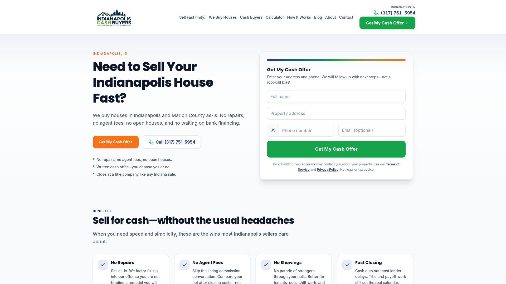 website screenshot of https://indianapoliscashbuyers.com/