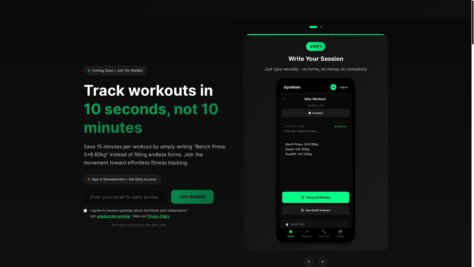 website screenshot of https://gymnote.fit/