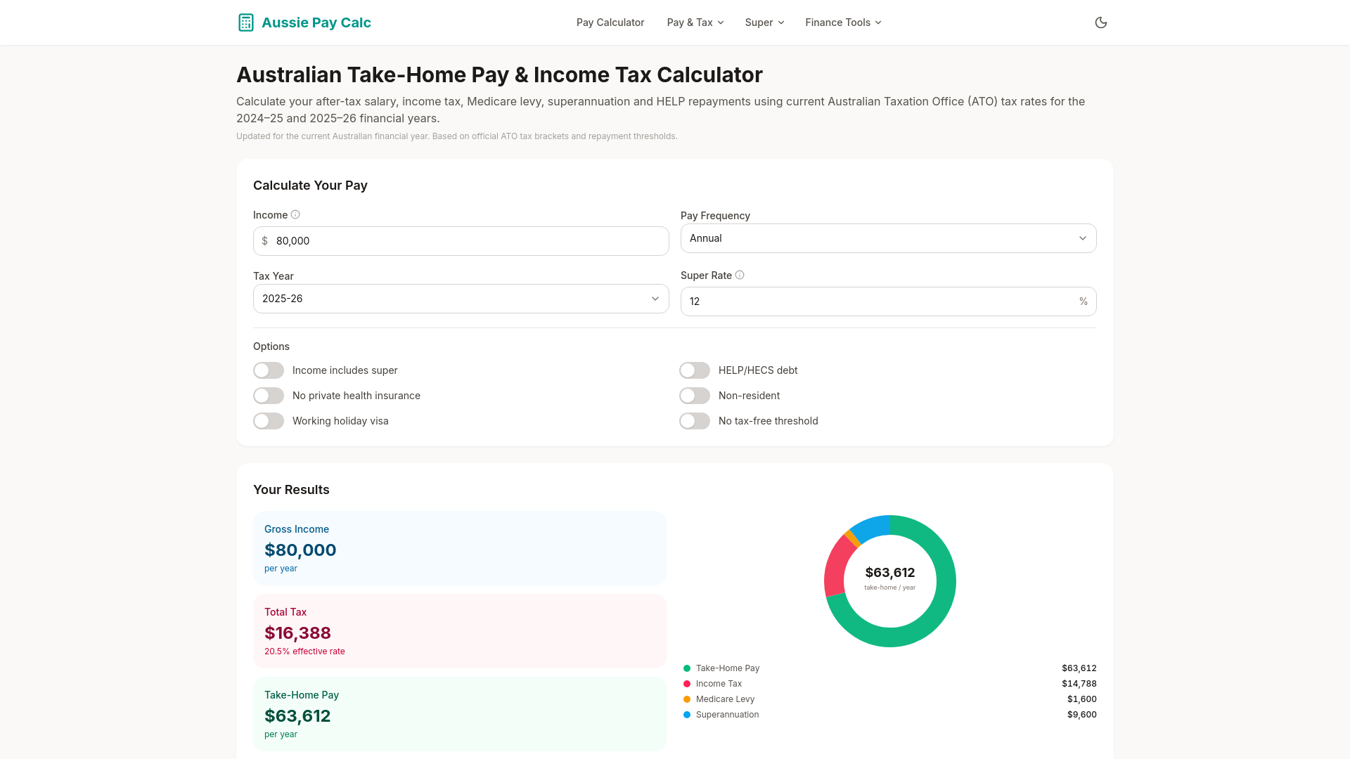 website screenshot of https://aussiepaycalc.com.au/