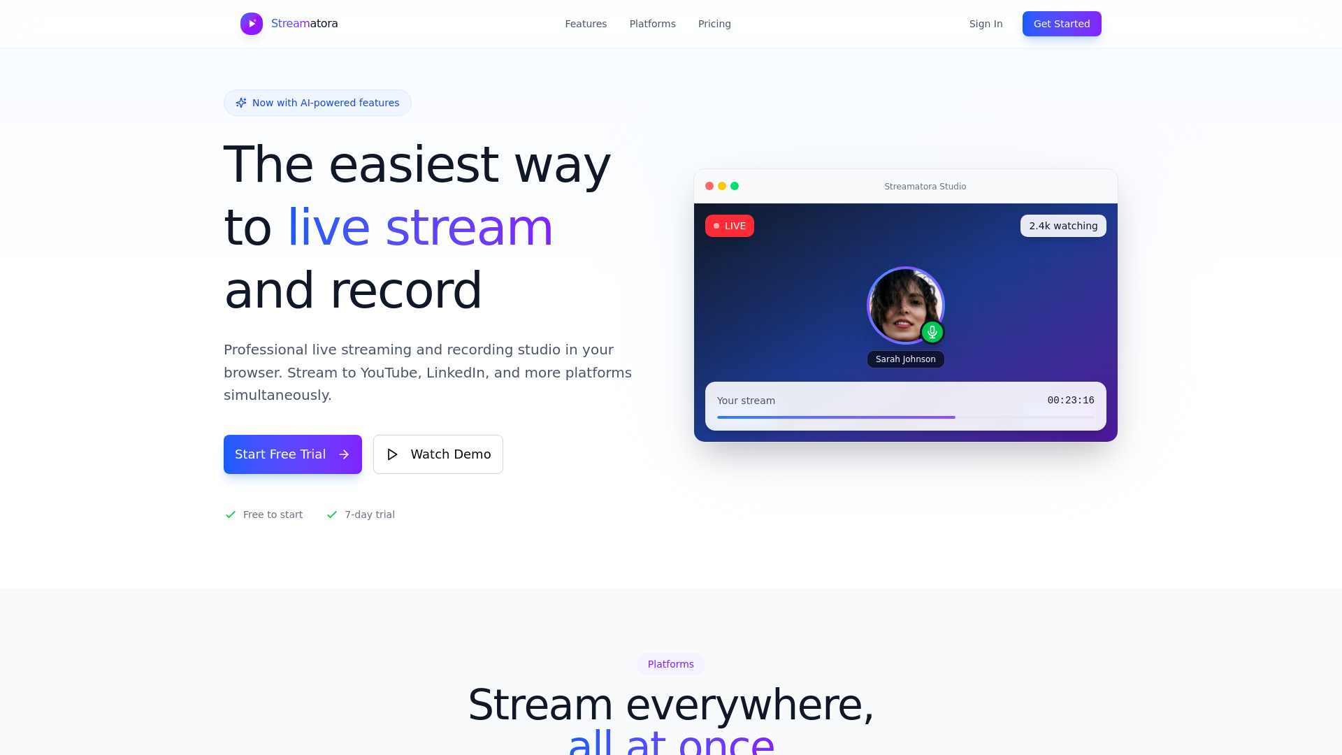 website screenshot of https://streamatora.live