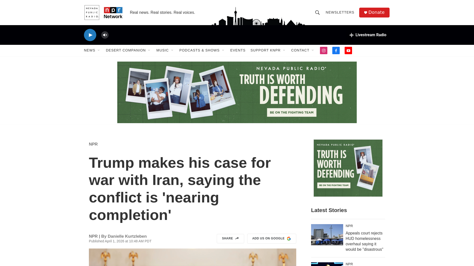 website screenshot of https://knpr.org/npr/2026-04-01/trump-makes-his-case-for-war-with-iran-saying-the-conflict-is-nearing-completion