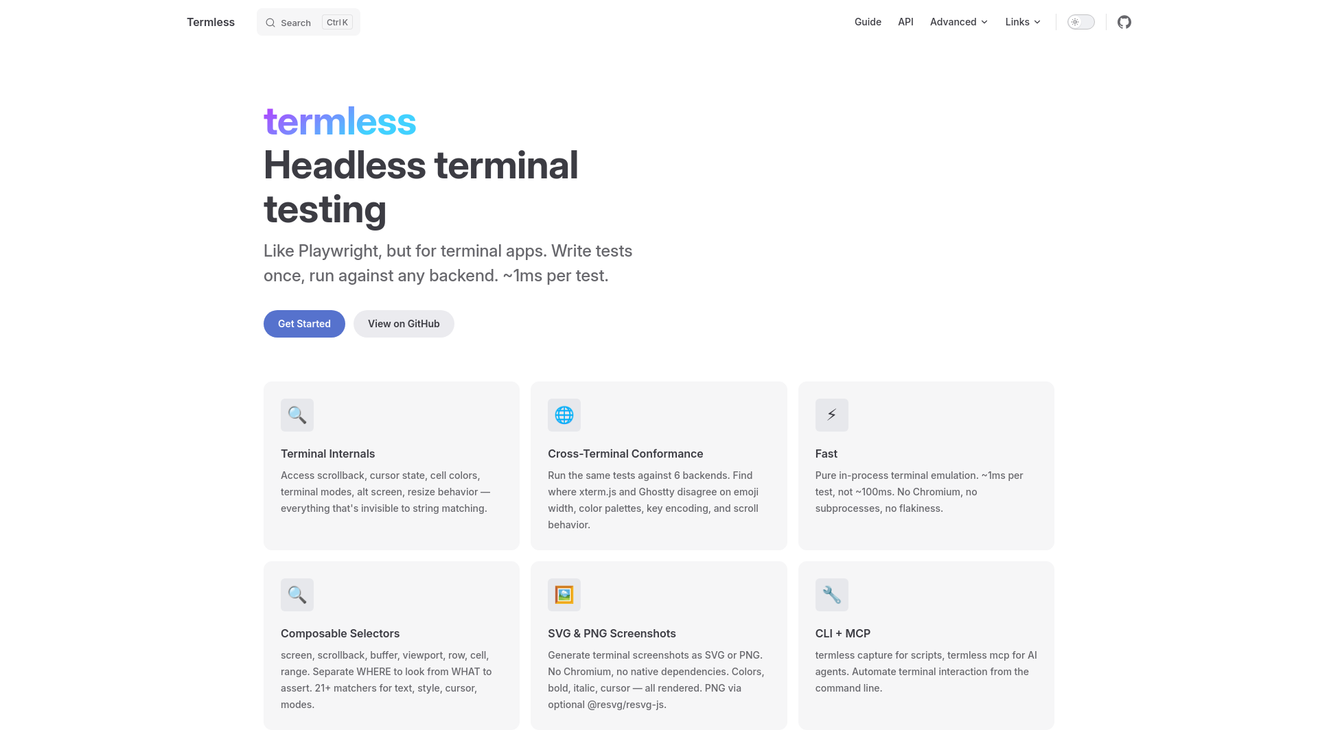 website screenshot of https://termless.dev/